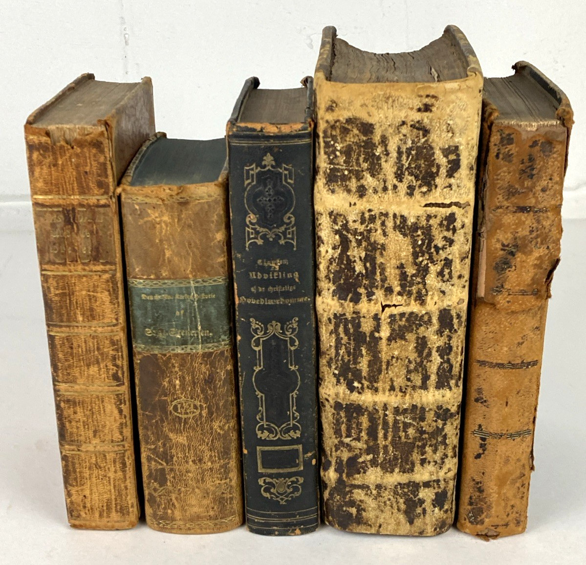 5 Leather Books Lot 1700s 1800s Danish Norwegian Volumes on History & Religion