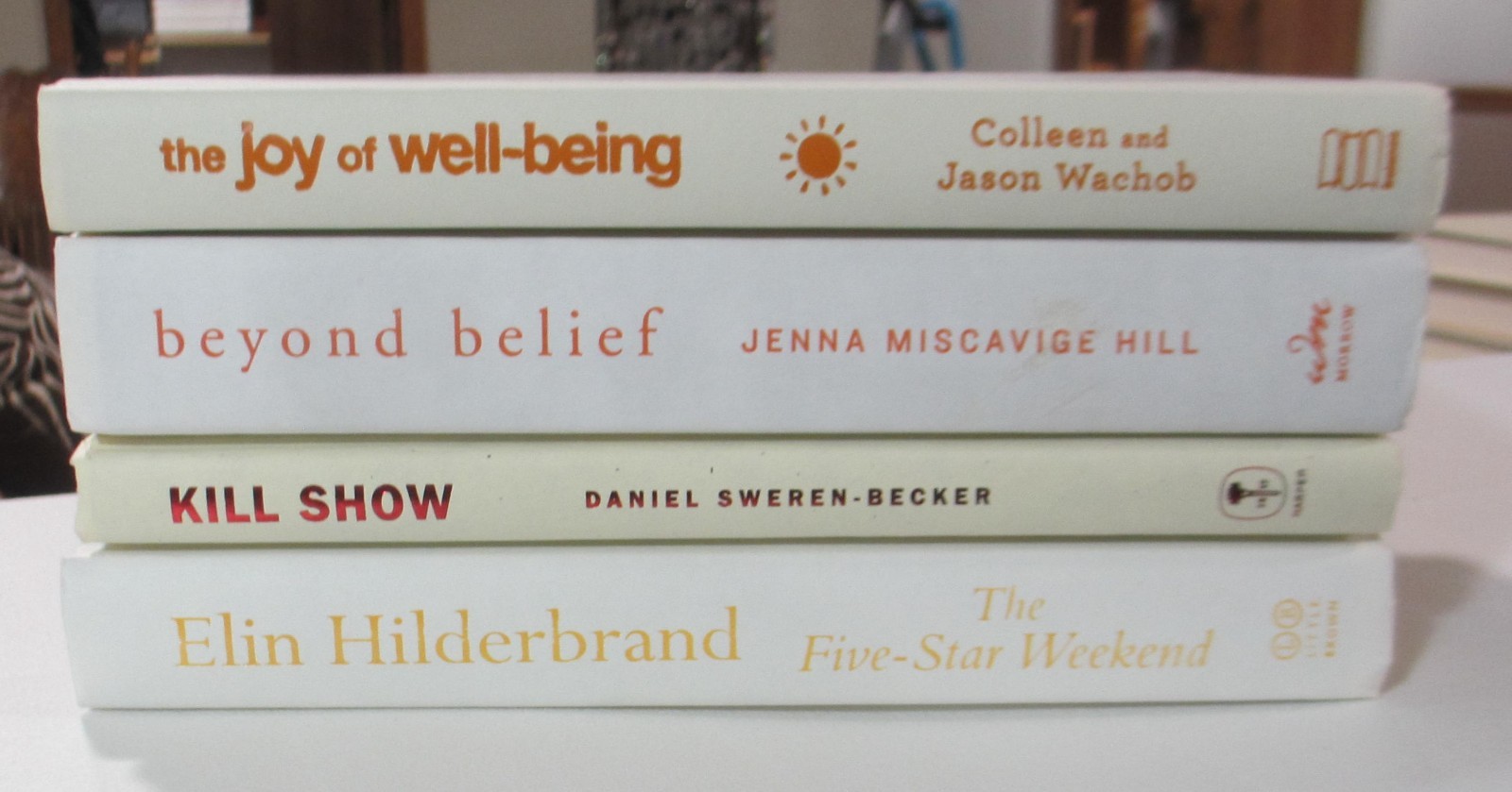 DECOR Book lot 4 Library Shelf Display White-Beige Hues Red-Orange Text LIKE NEW