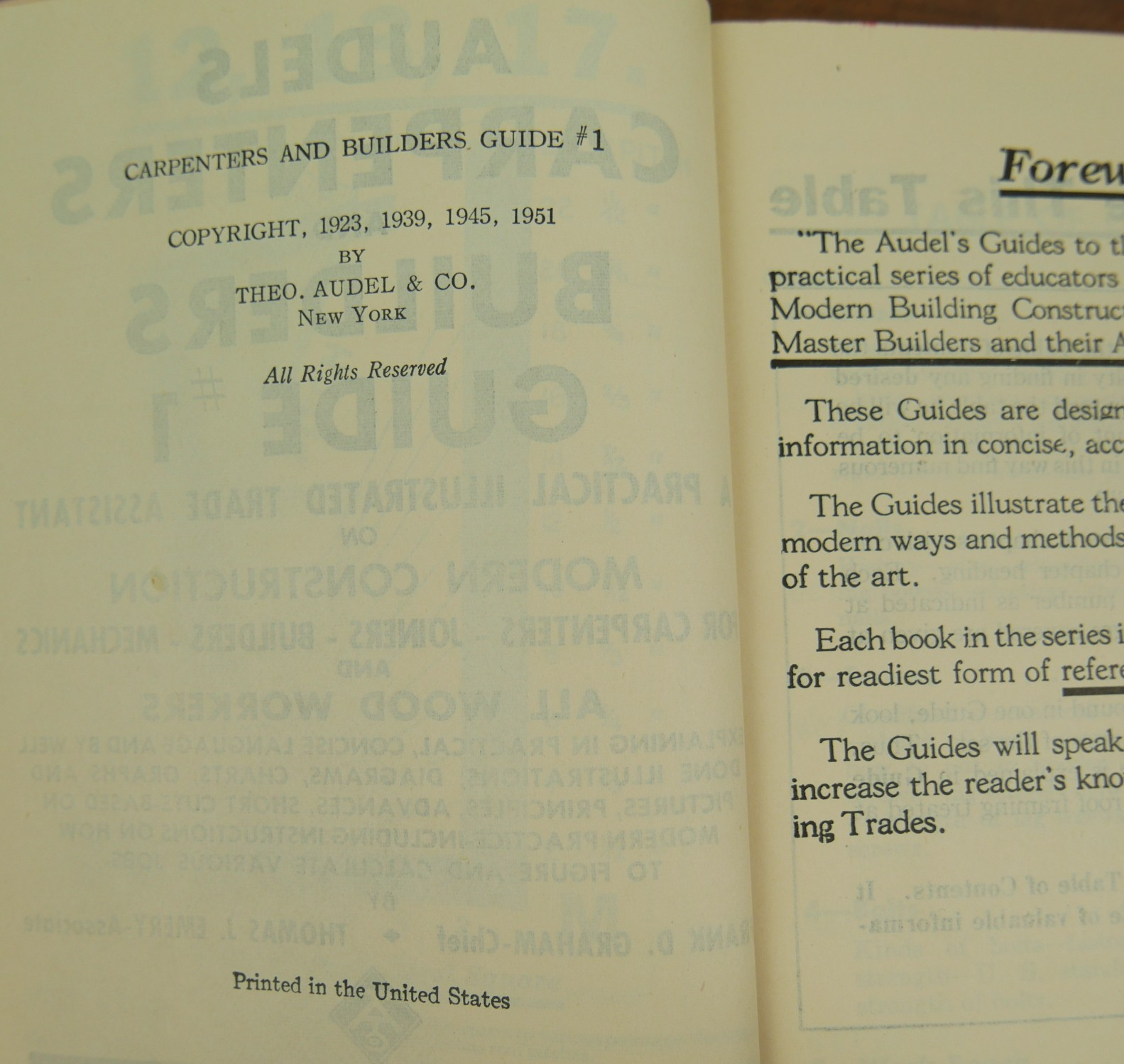 AUDELS Carpenters and Builders Guide Complete Volume 1 – VTG 1951 – Tools Etc
