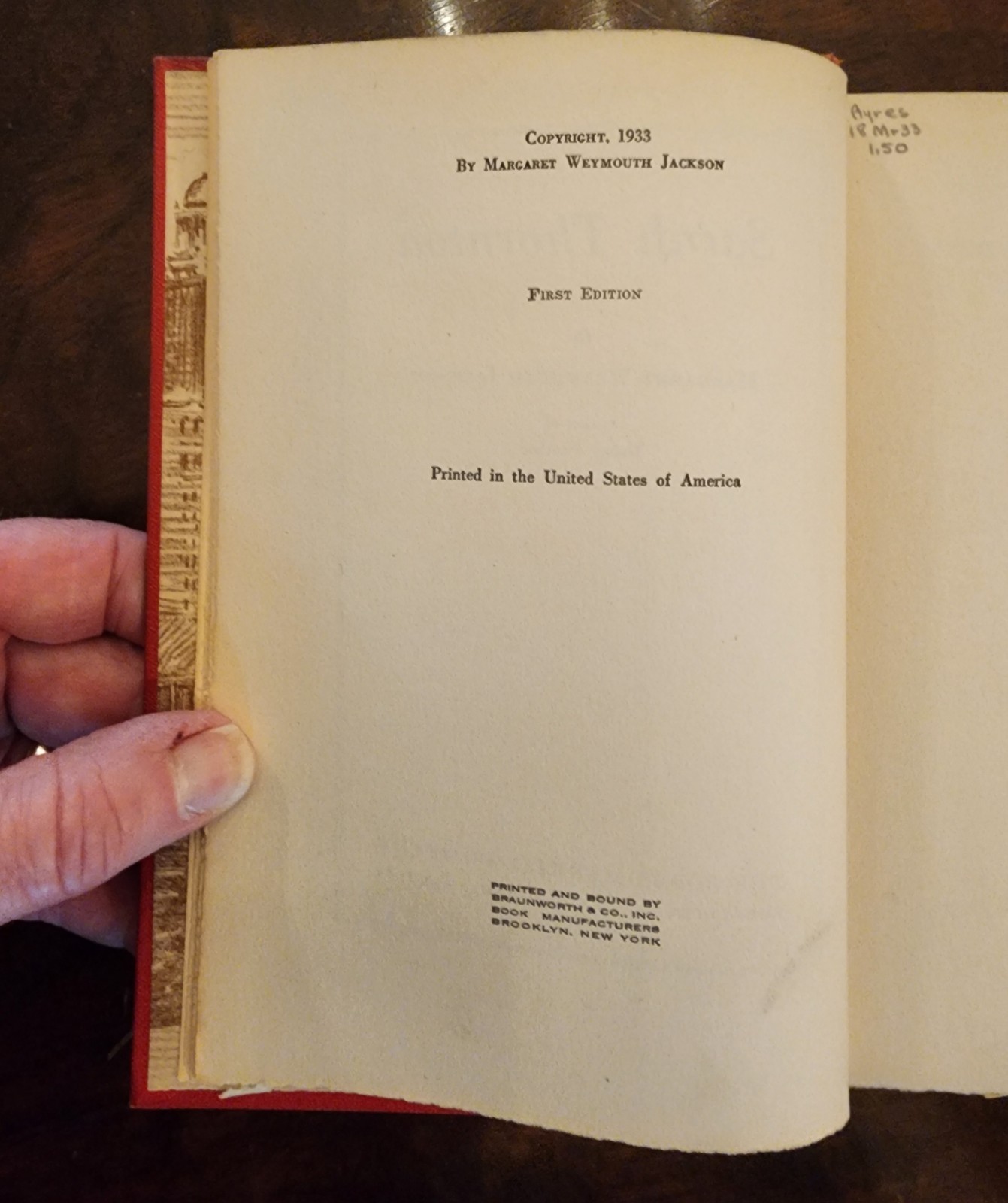 „Sarah Thornton“ by Margaret Weymouth Jackson, 1st Ed Signed Ex-Library HC 1933