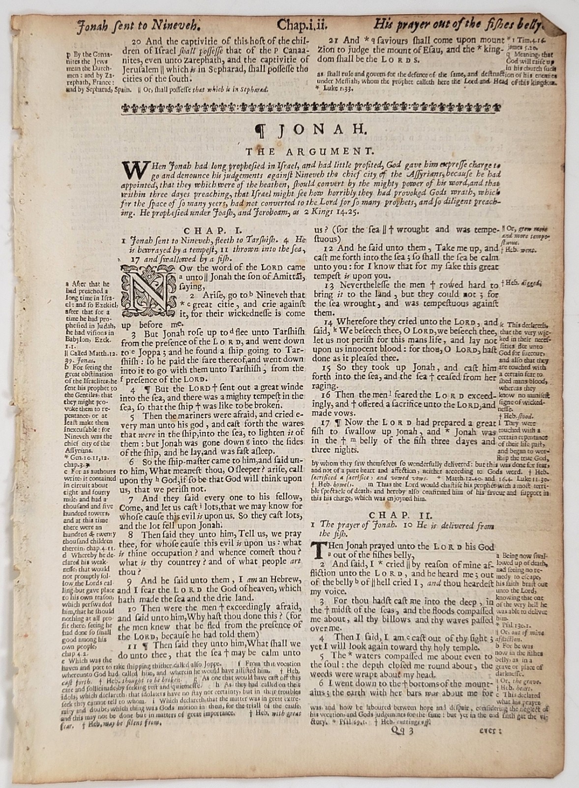 1649 King James Bible Leaf – Jonah – Sent to Nineveh – Swallowed by the Fish