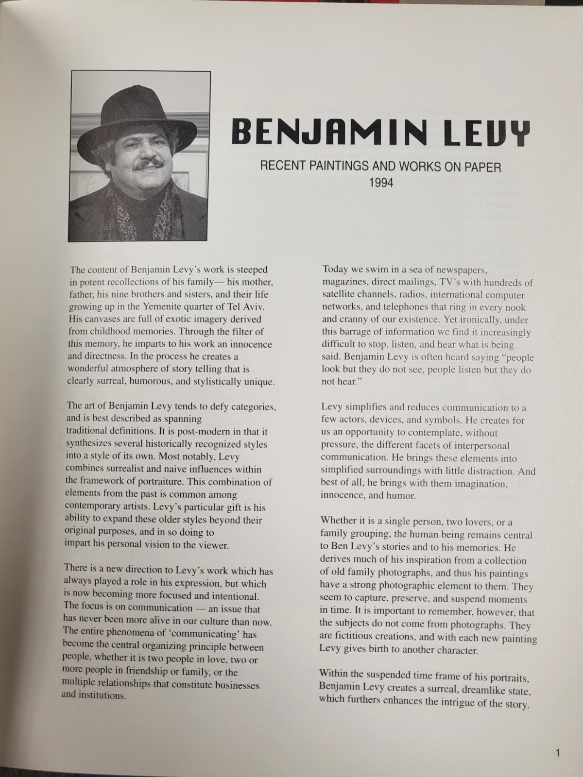BENJAMIN LEVY Recent Paintings and Works on Paper, 1994 Soft Cover Catalog