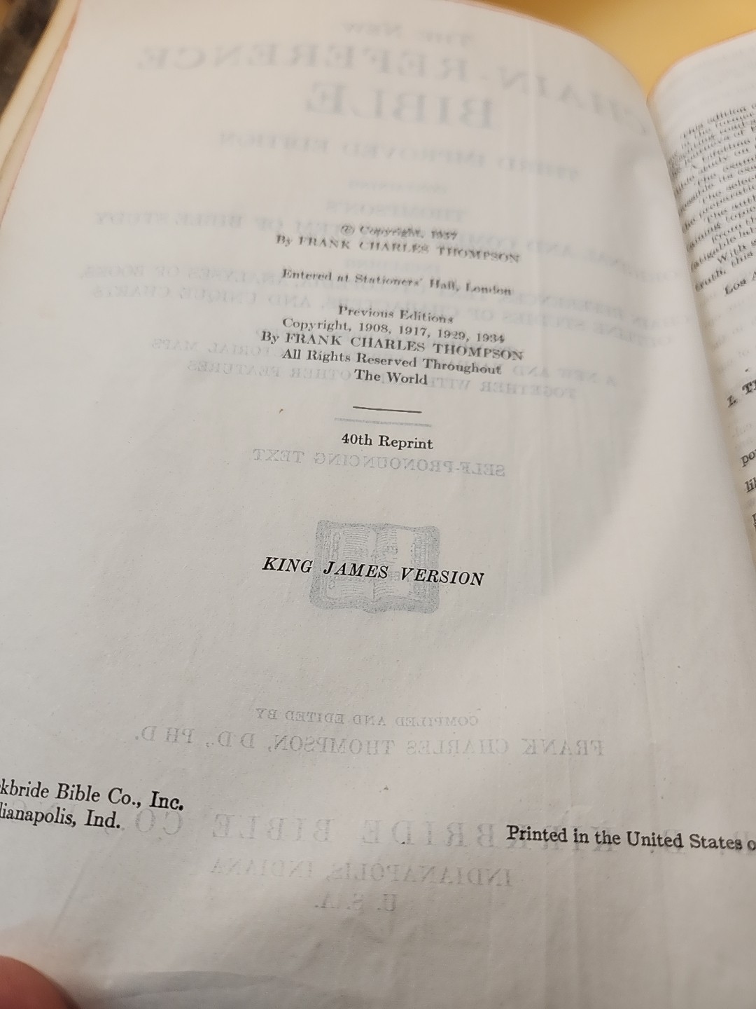 The New Chain Reference Bible Thompson Kirkbride 3rd Improved Edit ‘57 Leather