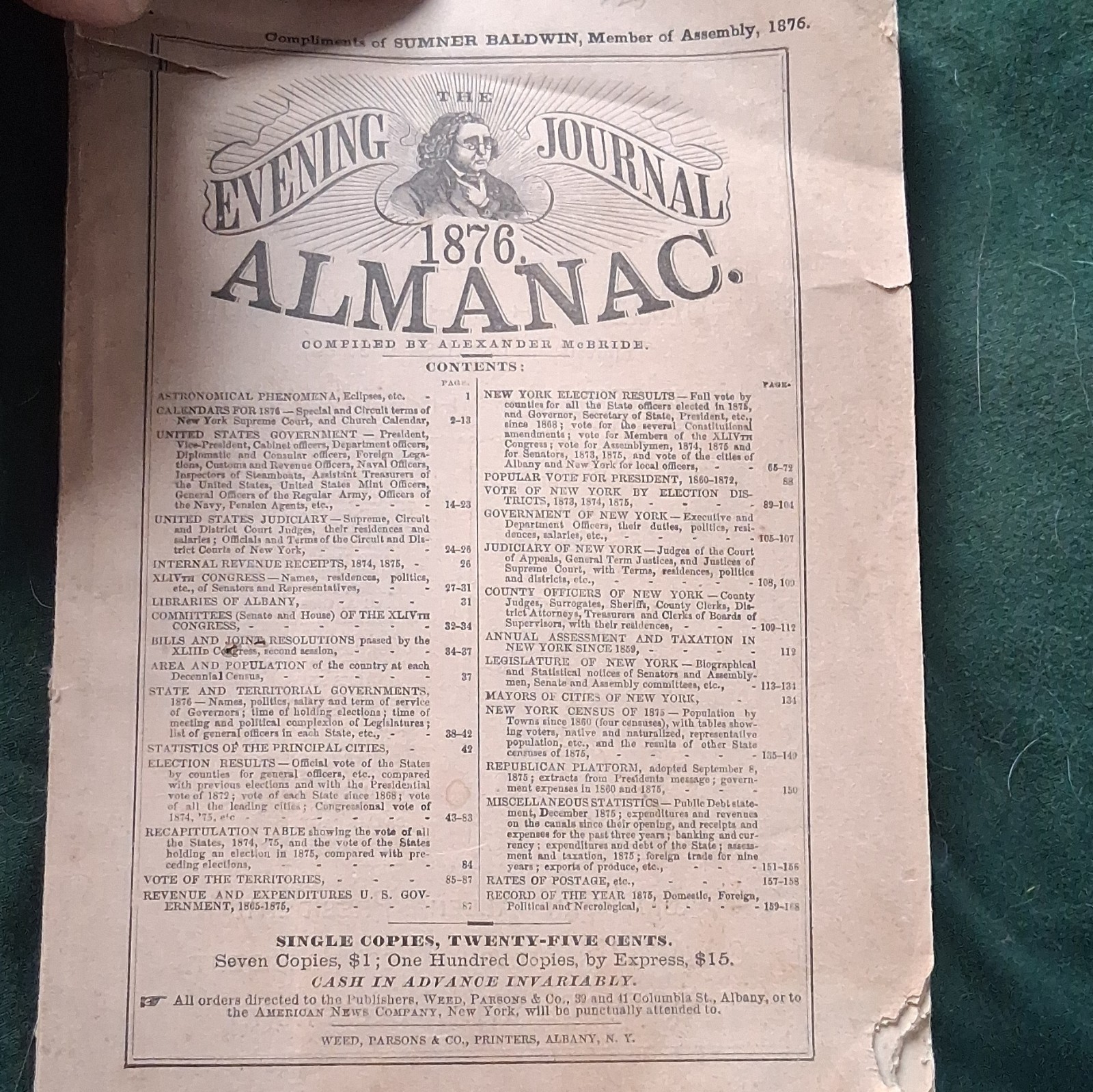 Weed, Parsons & Co. Evening Journal Almanac 1876 McBride Orig Illus SC NY
