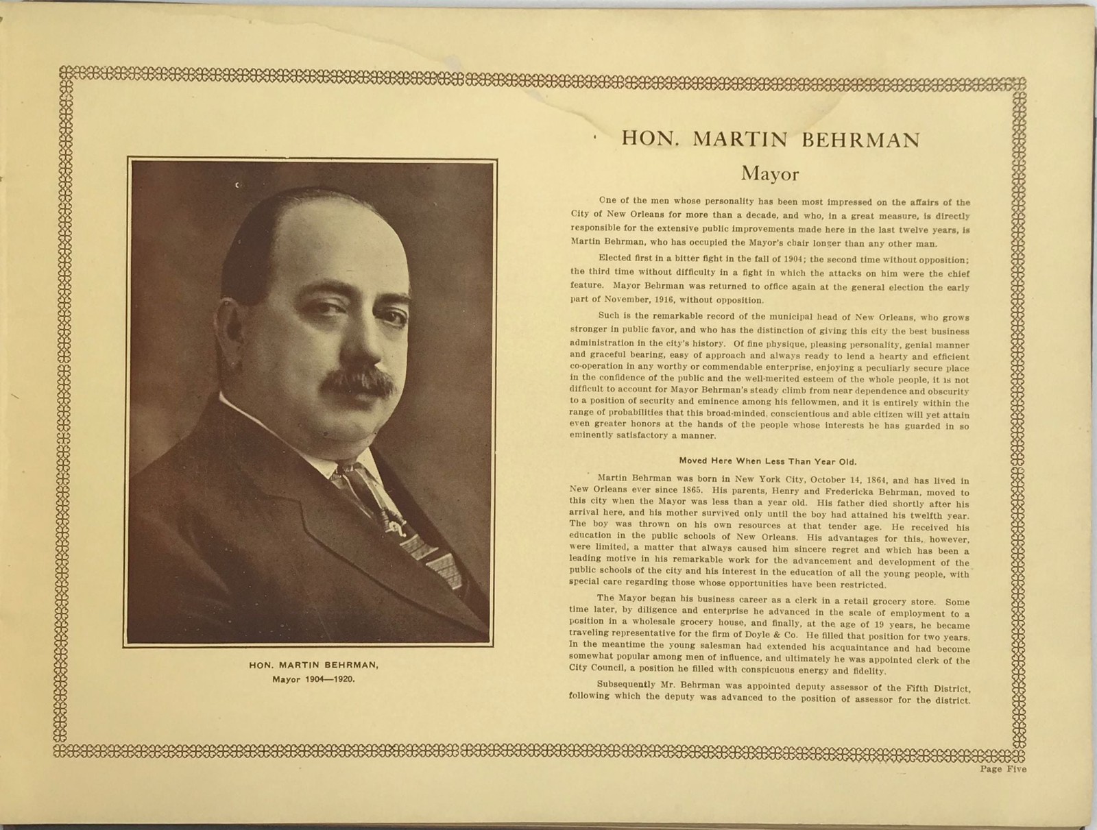 William A Deacon / Martin Behrman Administration Biography 1904-1916 1917
