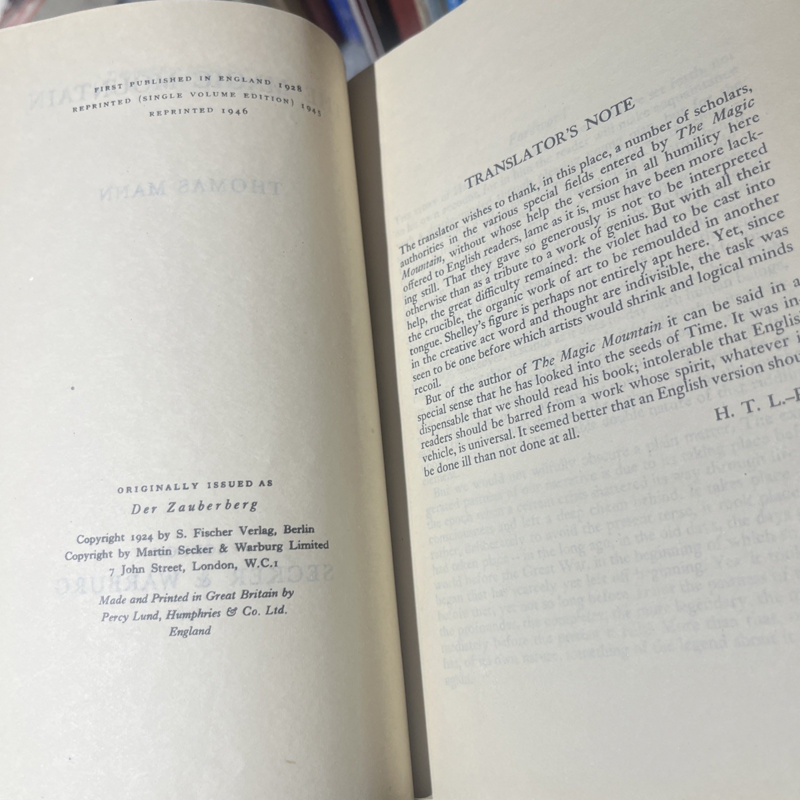 The Magic Mountain by Thomas Mann 1946 Secker & Warburg UK EDITION HC DJ Vtg 40s
