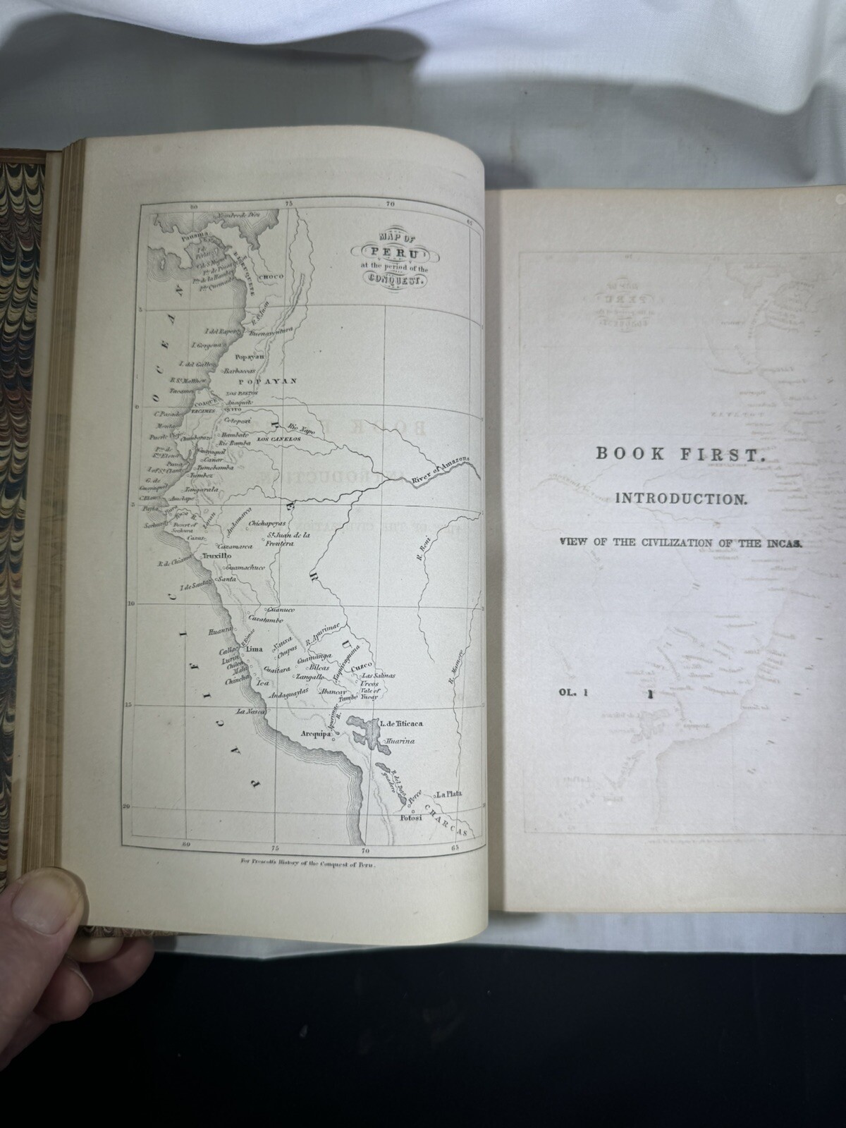 ANTIQUE 1851 HISTORY OF THE CONQUEST OF PERU by William H. Prescott Vol. I Gift