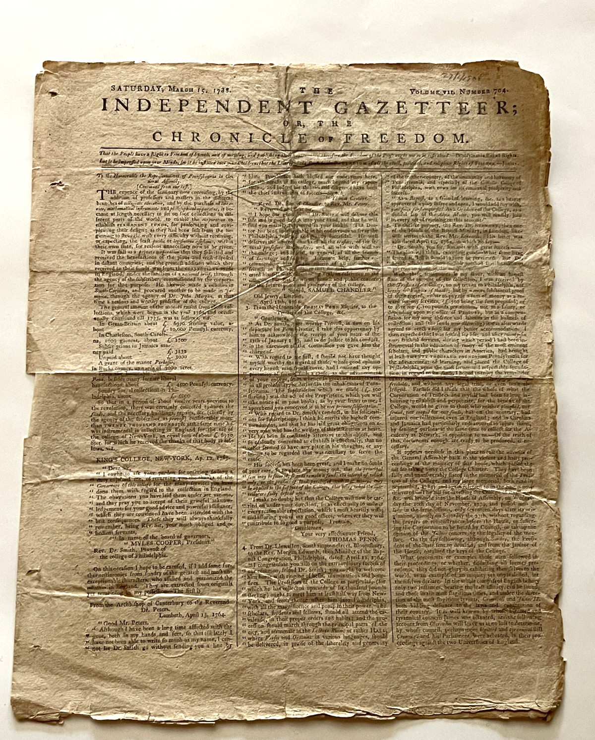 INDEPENDENT GAZETTEER NEWSPAPER 1788 FUNDING COLLEGES COLONIAL