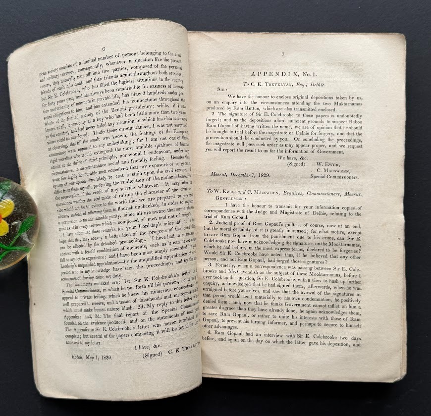 Sir Charles TREVELYAN. Papers Transmitted from India. 1830. Corruption V. Rare