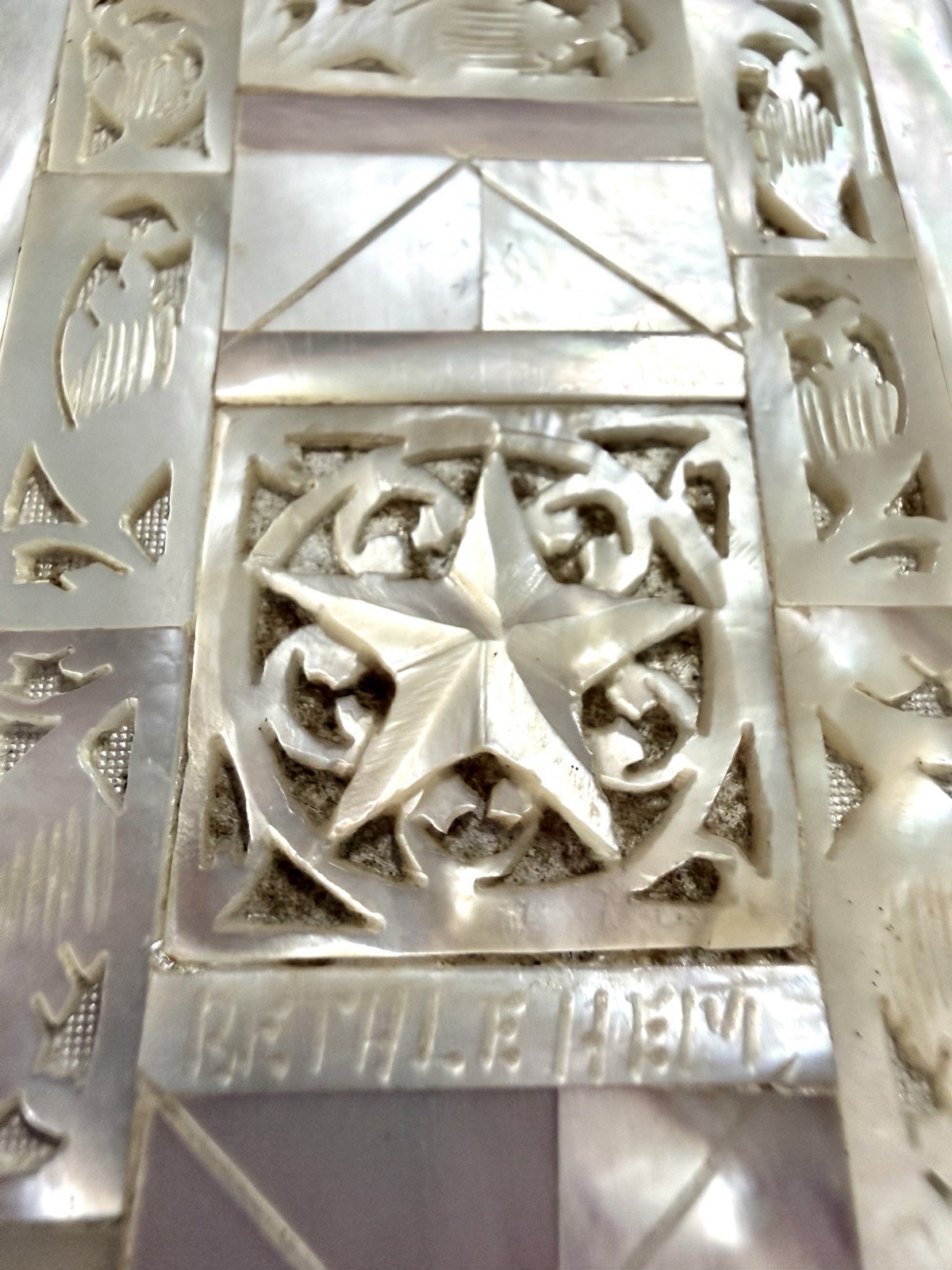 Vintage Carved Mother of Pearl Holy Bible Jerusalem Abalone 1950 Red Letter