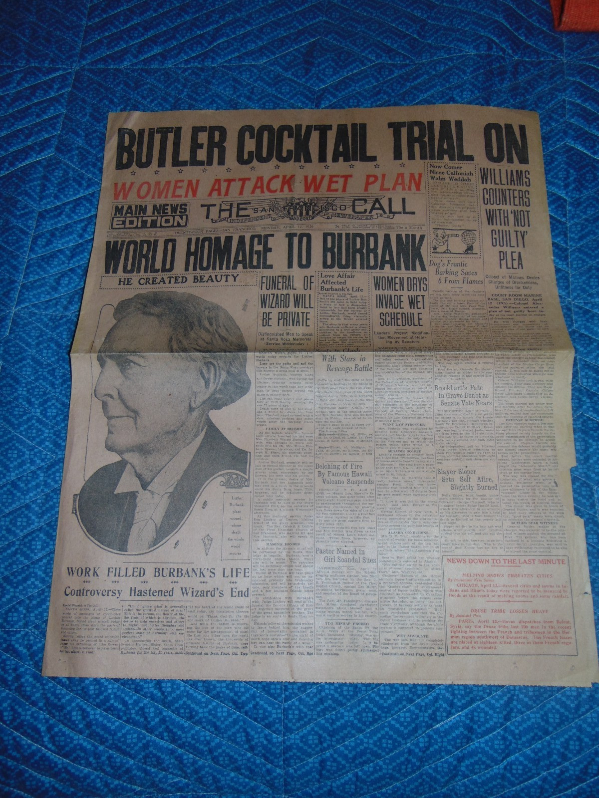APRIL 12, 1926 „THE SAN FRANCISCO CALL“ NEWSPAPER: LUTHER BURBANK DIES