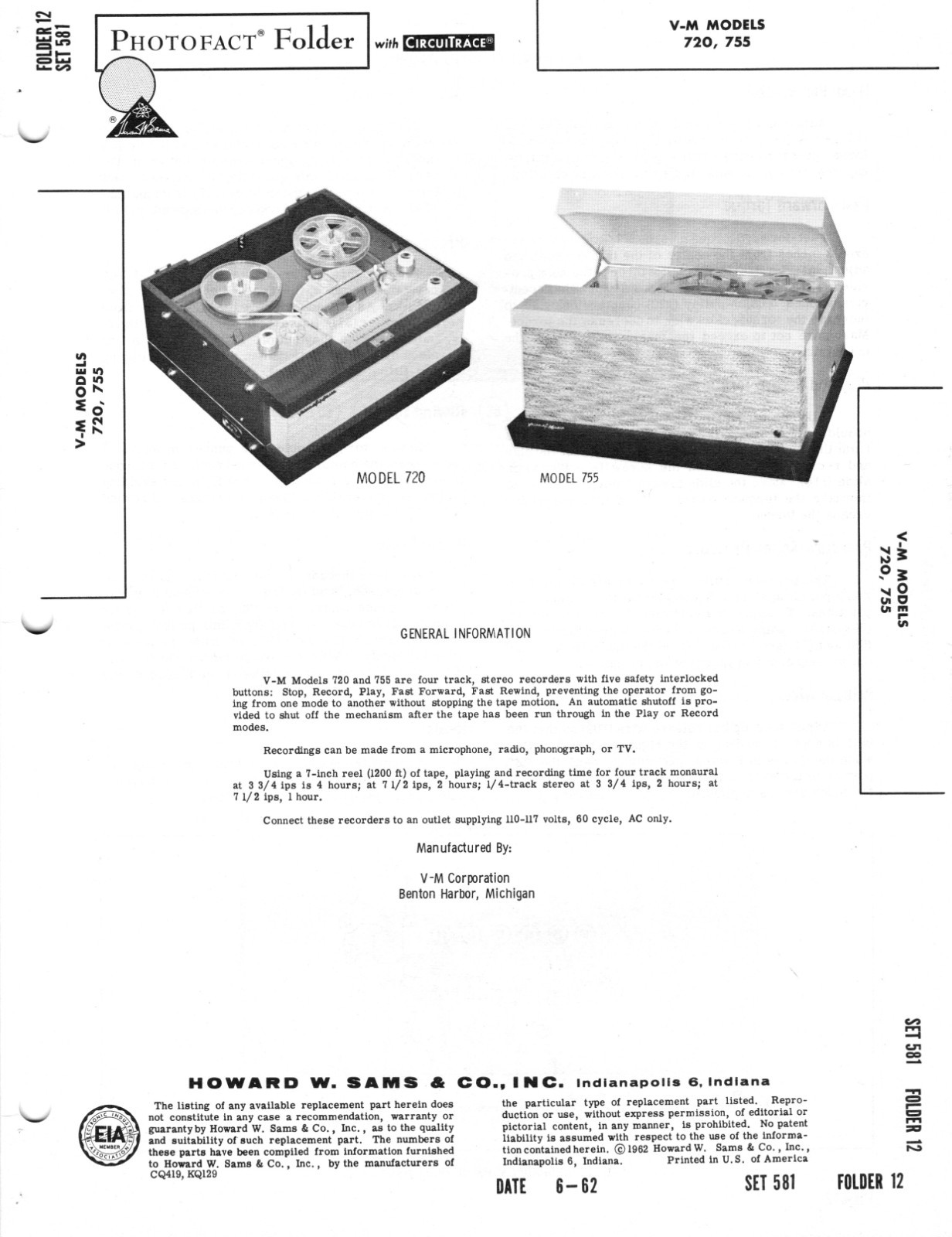 V-M – Model -720/755 – Reel Recorder – Original Service Manual -1962