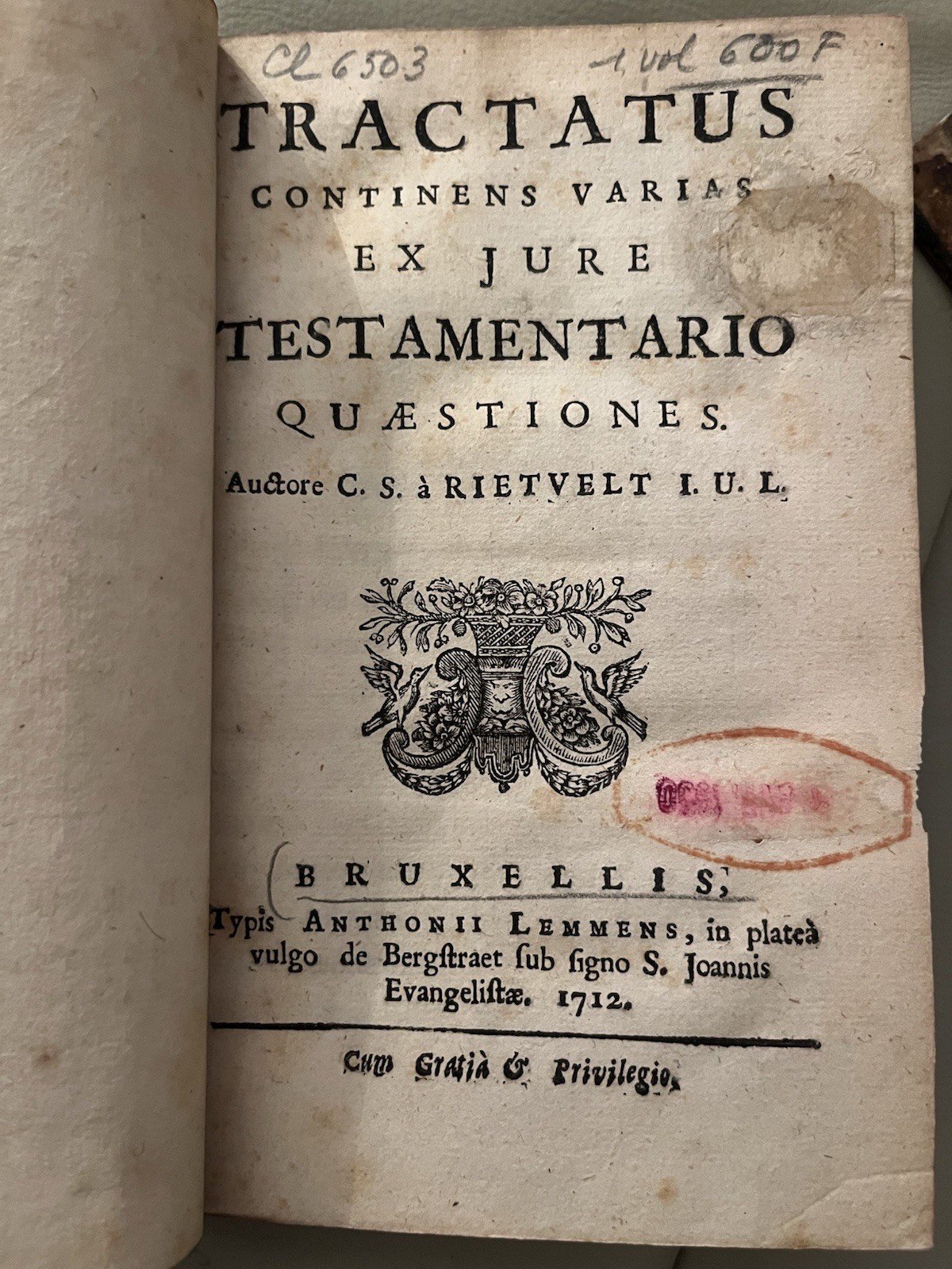 1712 Tractatus continens varias ex jure testamentario quaestiones C.S. Rietveldt