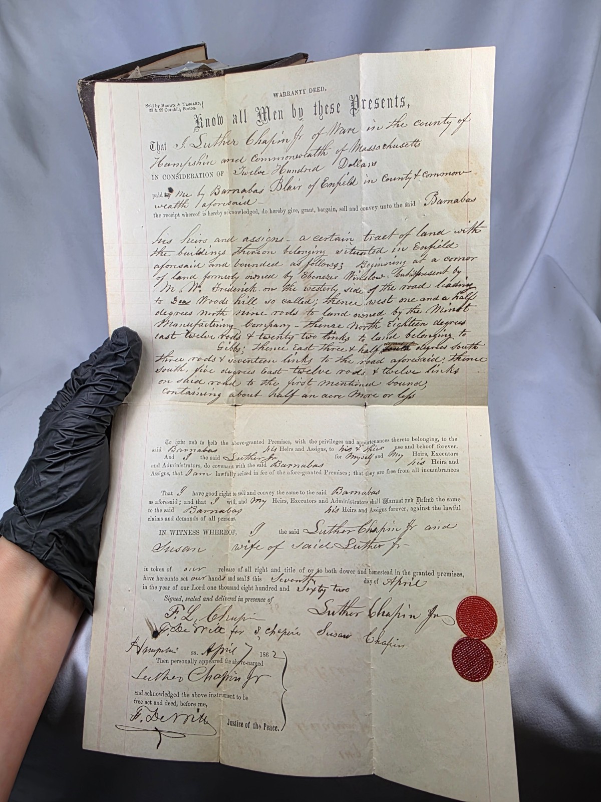 1862 Massachusetts Warranty Deed w/ Revenue Stamps. Chapin Family Genealogy Book