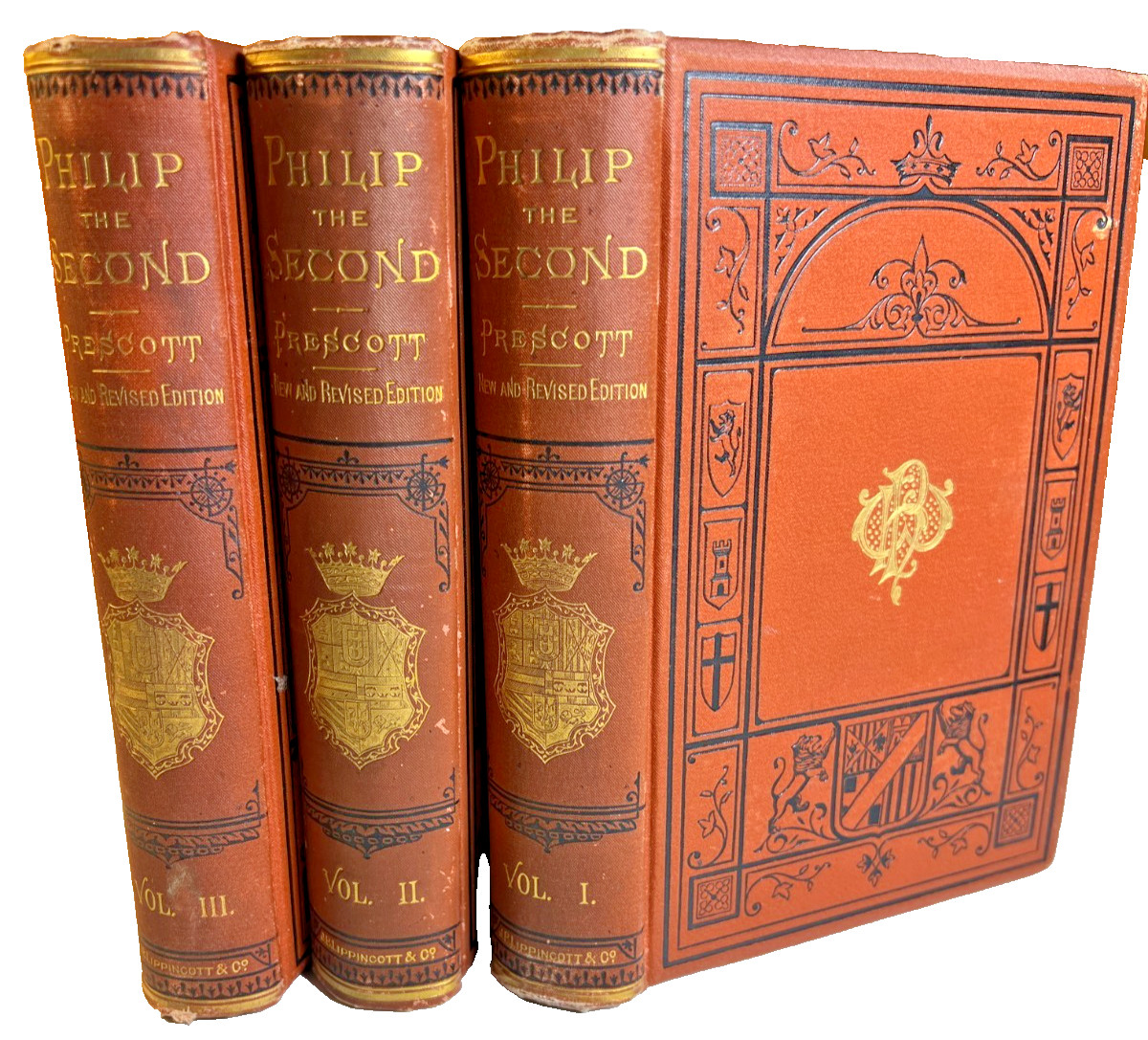 Antique Ornate Victorian Decorative Book Prescott History Philip II King Spain
