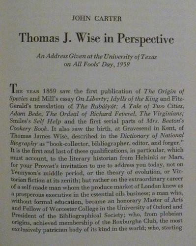 THOMAS J. WISE: CENTENARY STUDIES – 1959 T. J. Wise the Great Book Forger