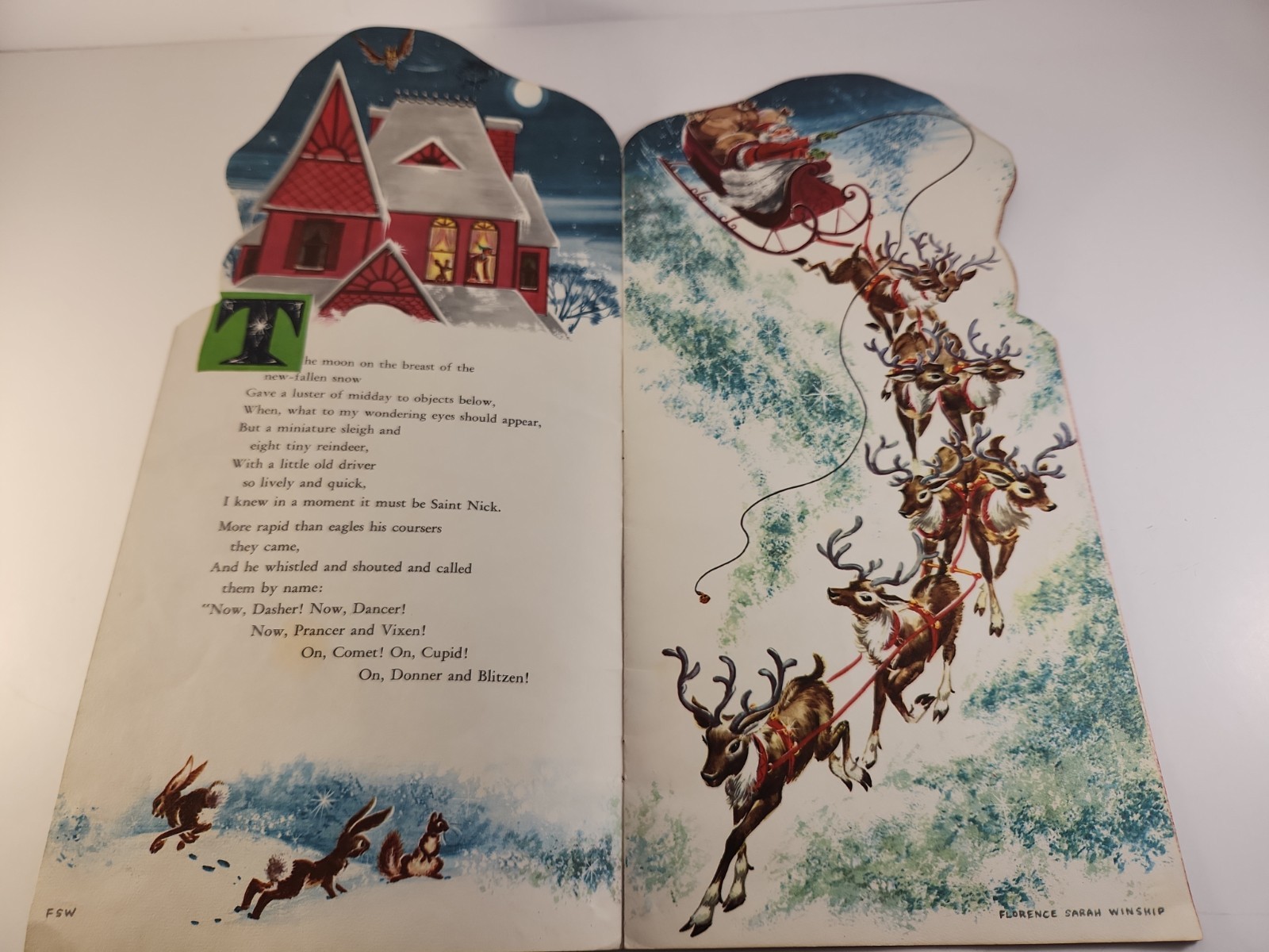 Vintage 1958 Whitman Night Before Christmas Book Florence Sarah Winship Flocked