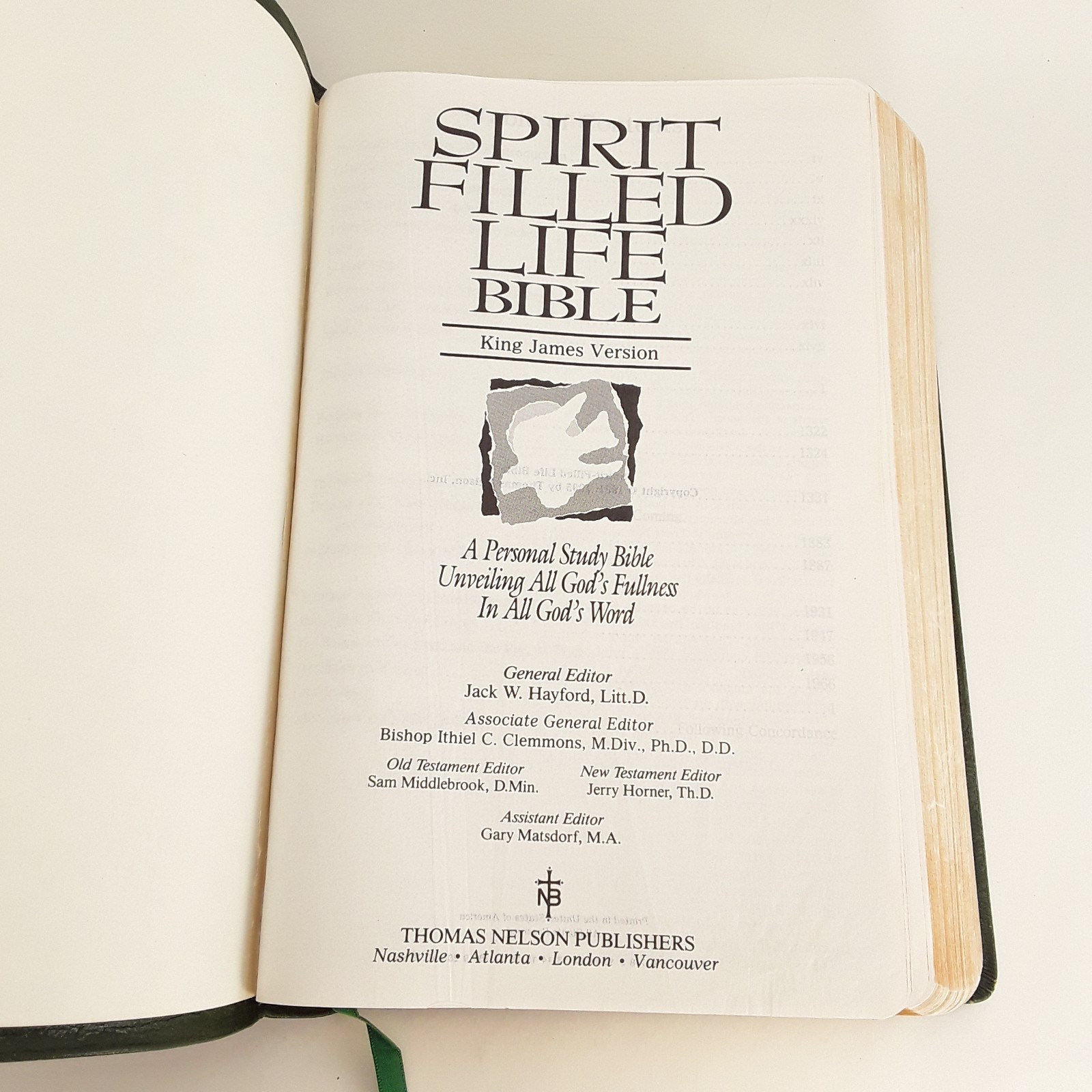 Spirit Filled Life Bible KJV, Red Letter, Green Bonded Leather,1991 Nelson 1355G