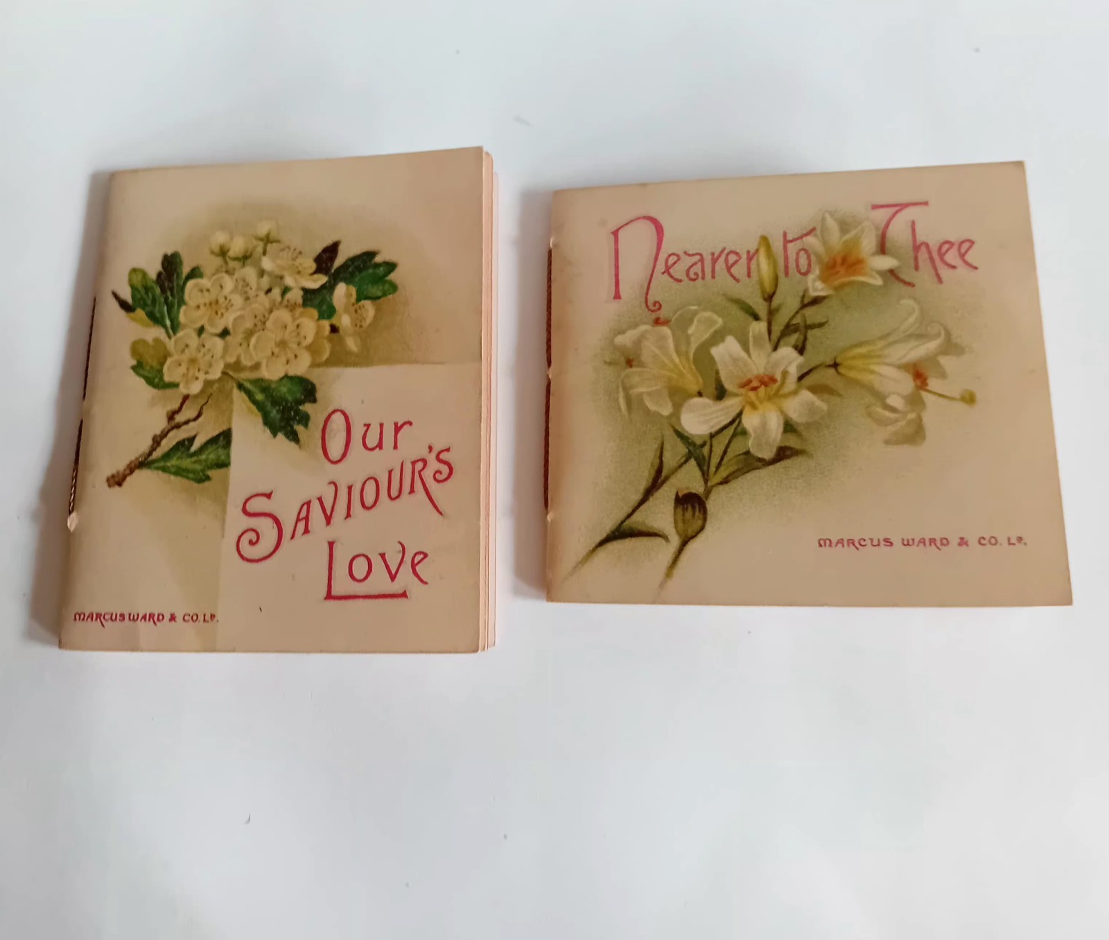2 x Antique Religious Scripture Minature Gift Booklets Thread Bound 8x7cm Illus