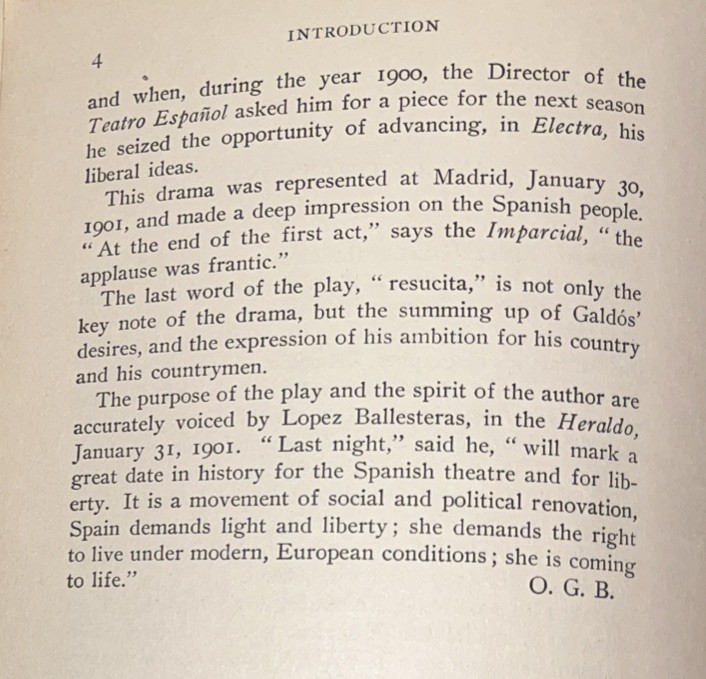 ELECTRA Play By B.P. Galdos 1900 Book Form by O.G. Bunnell 1902 Spanish/English