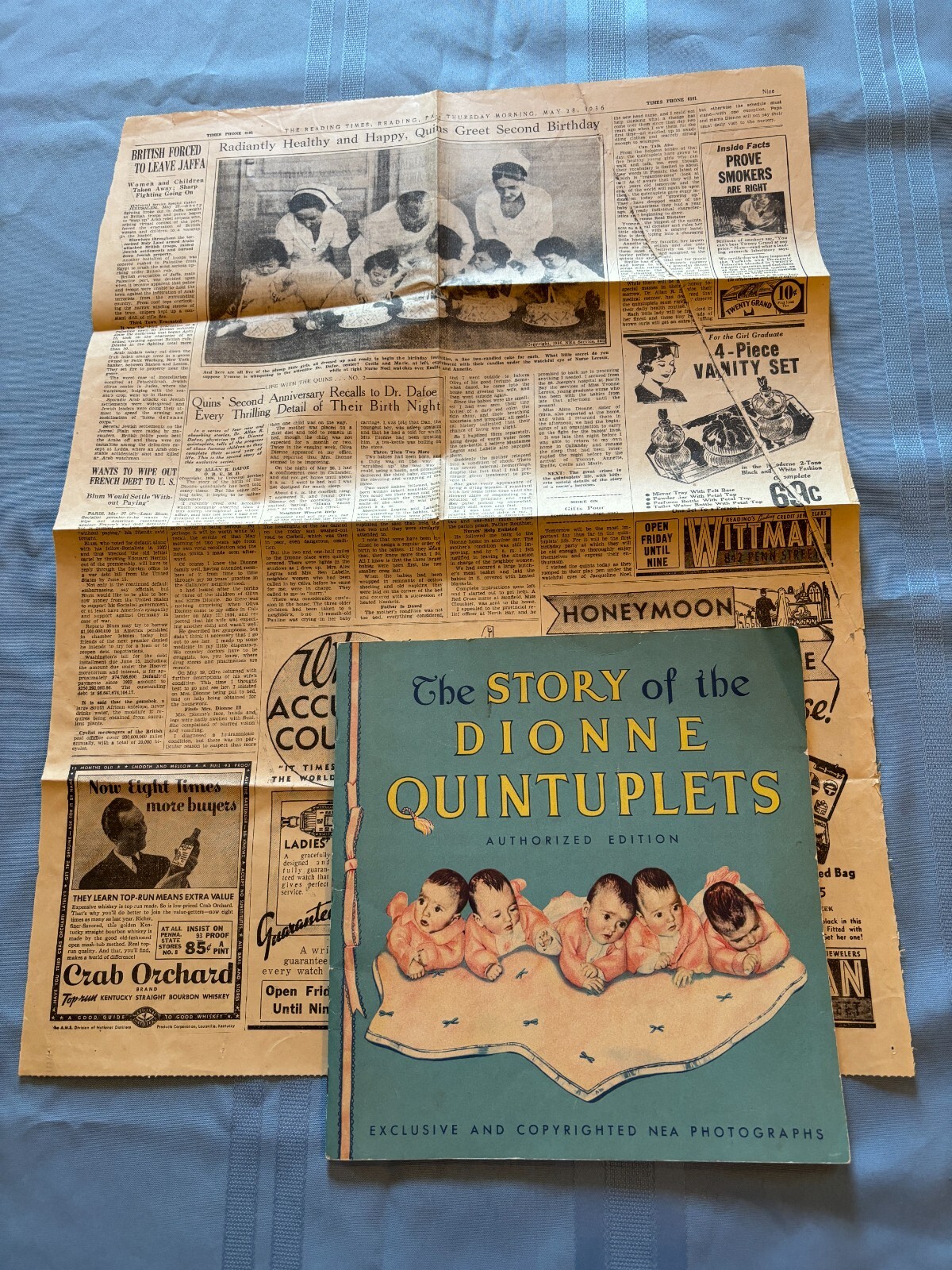 1935 The Story of the Dionne Quintuplets SC Illustrated Book & 1936 News Article