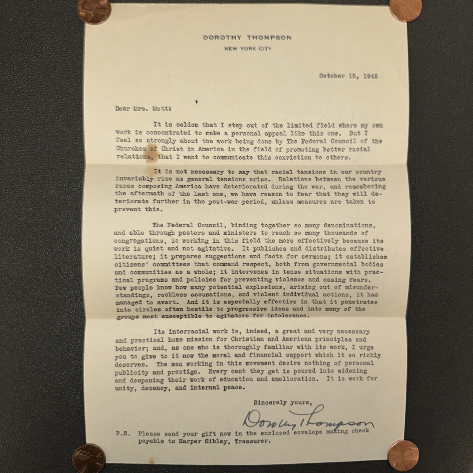 Dorothy THOMPSON / Autograph Letter Signed 10/15/1945
