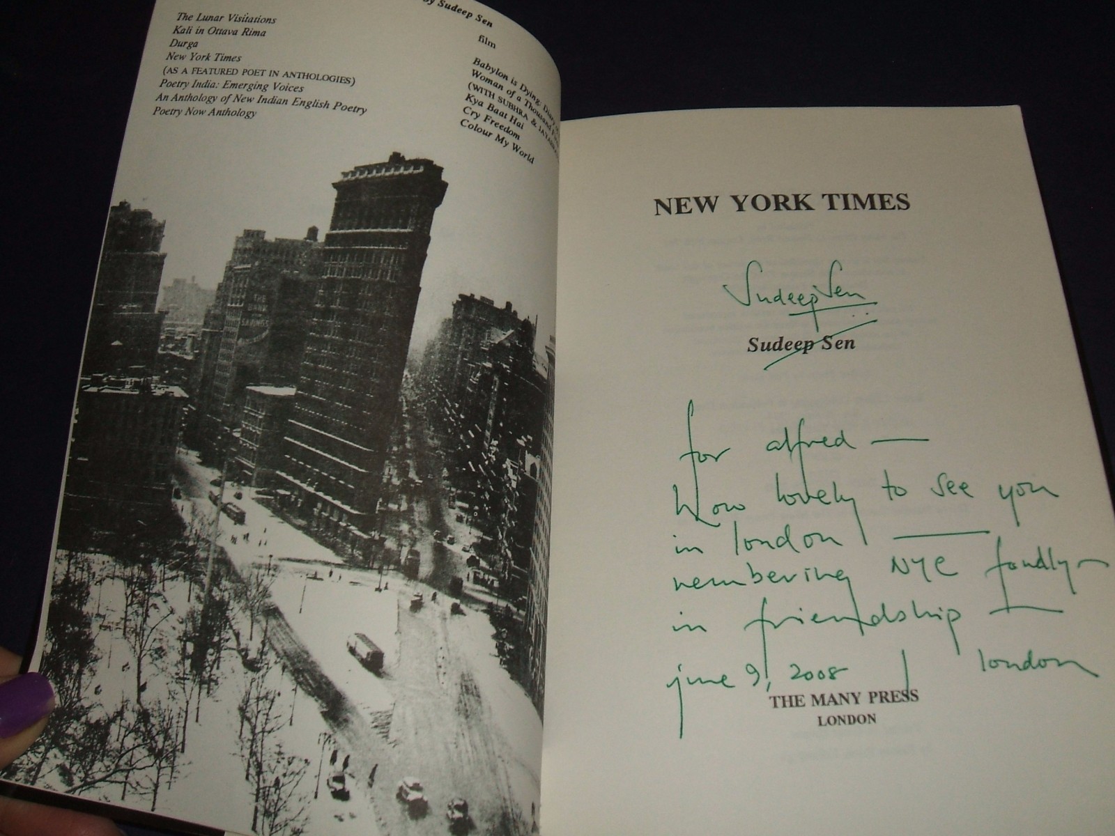 New York Times Sudeep Sen 1993 The Many Press Signed 1st ed. Poetry