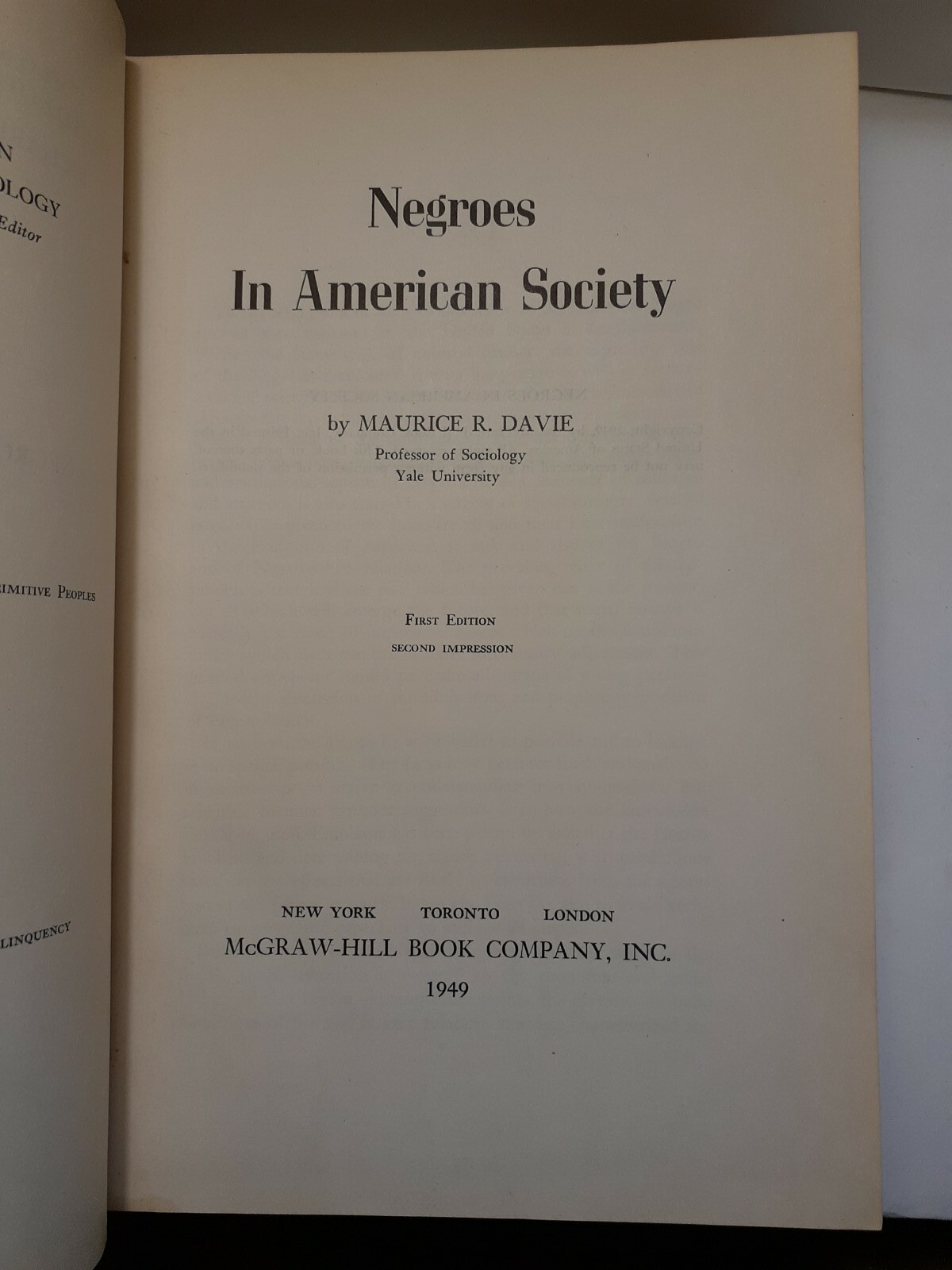Negroes In American Society – Maurice R. Davie – McGraw Hill 1949 [HARDCOVER]