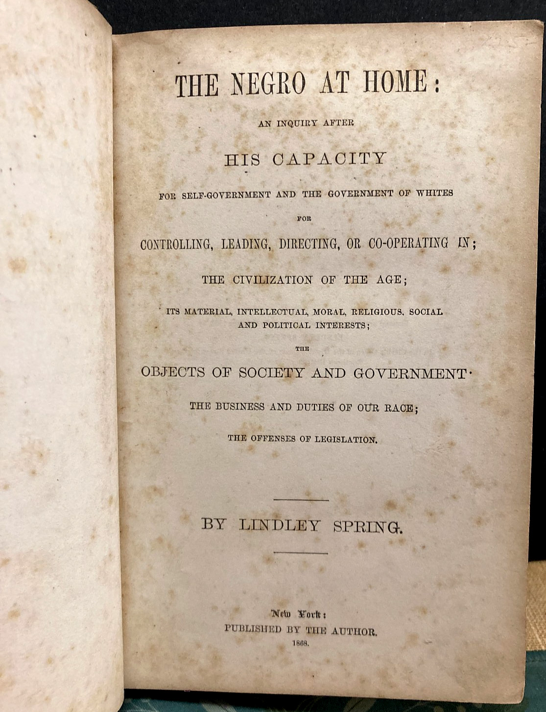 1st Ed.~Antique 1868 African Americana Book~The N—o at Home~by Lindley Spring