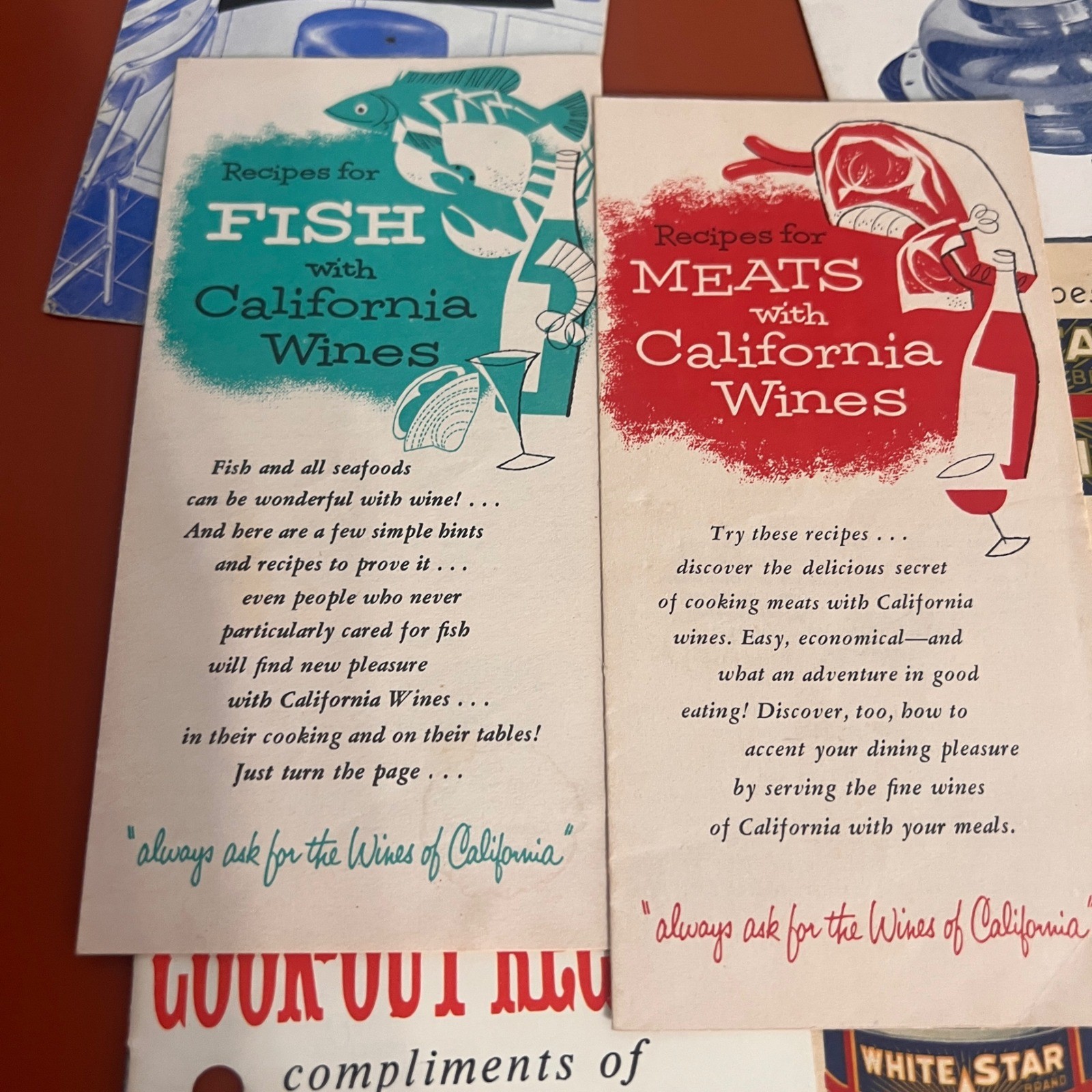 Vintage 1950s Recipe Pamphlet Lot White Star Tuna California Wine Astor Broiler