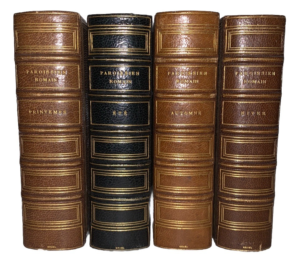 1882, 4 FINELY BOUND VOLUMES, PAROISSIEN ROMAIN, ROMAN CATHOLIC PRAYER BOOK SET