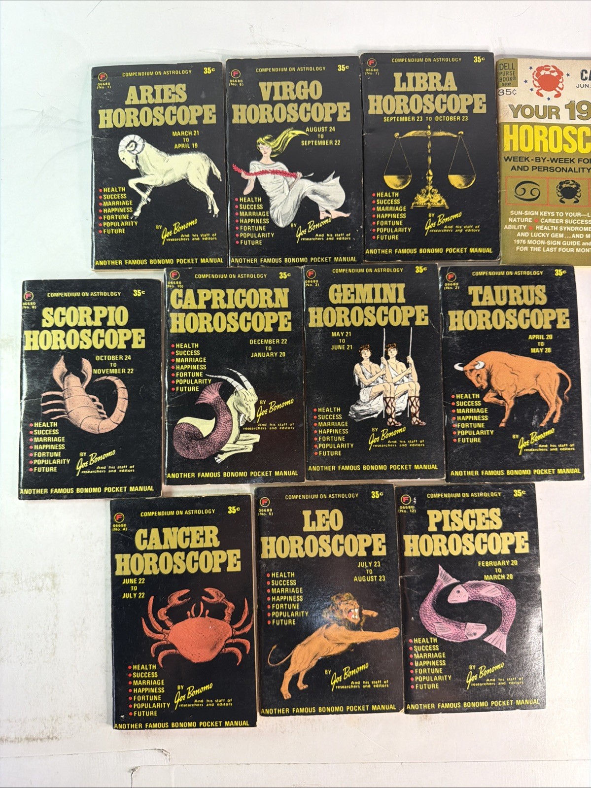 Vintage 1970s Zodiac Horoscope Book Lot – Bonomo Astrology Pocket Manuals – 11pc