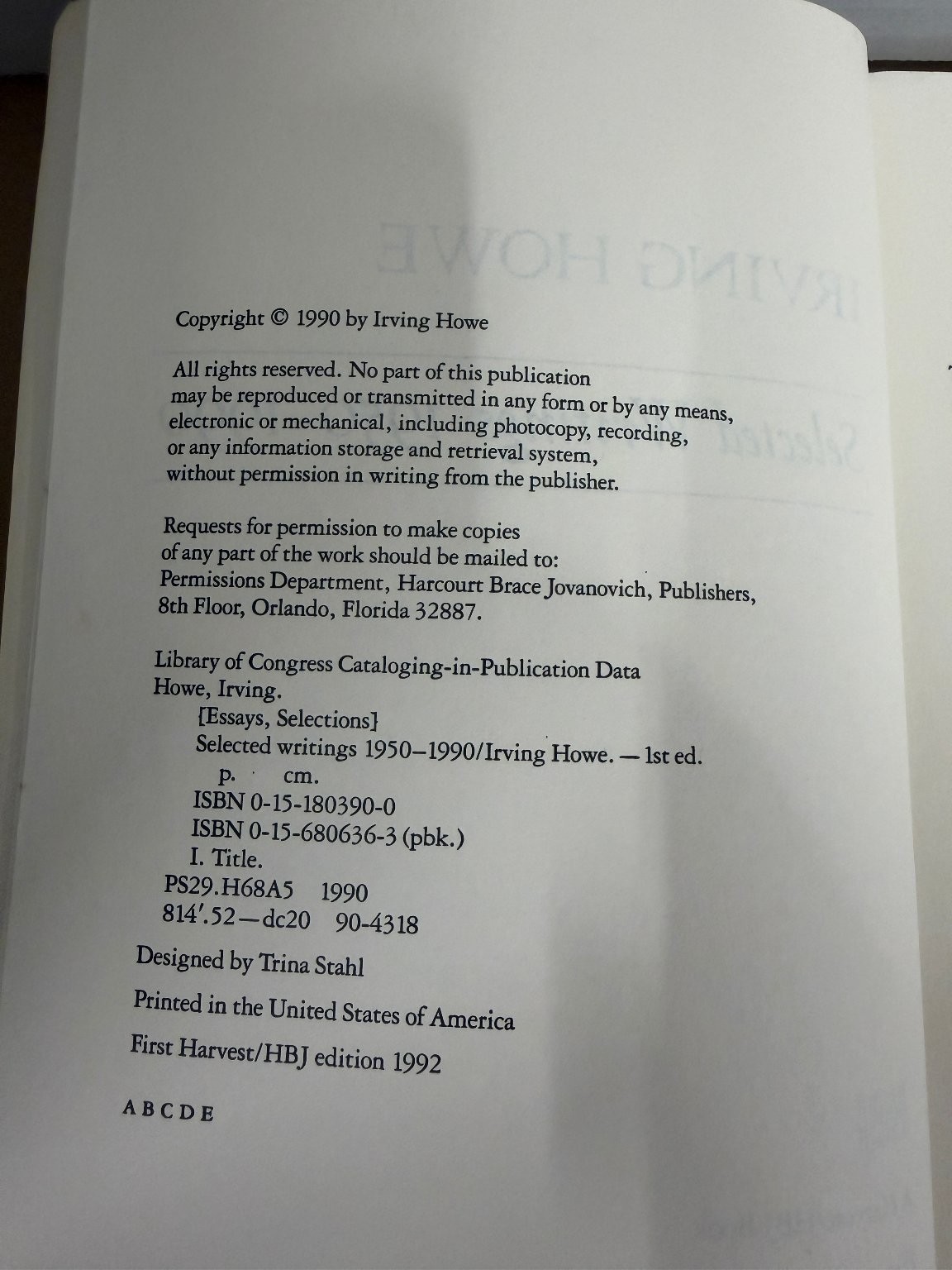 Irving Howe Selected Writings 1950-1990 Harvest HBJ 1992 Paperback Essays