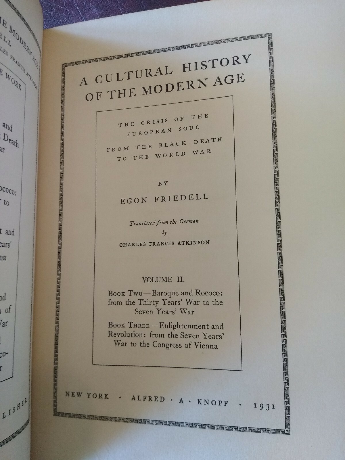 A Cultural History of the Modern Age Volume II Egon Friedell 1931 First Edition