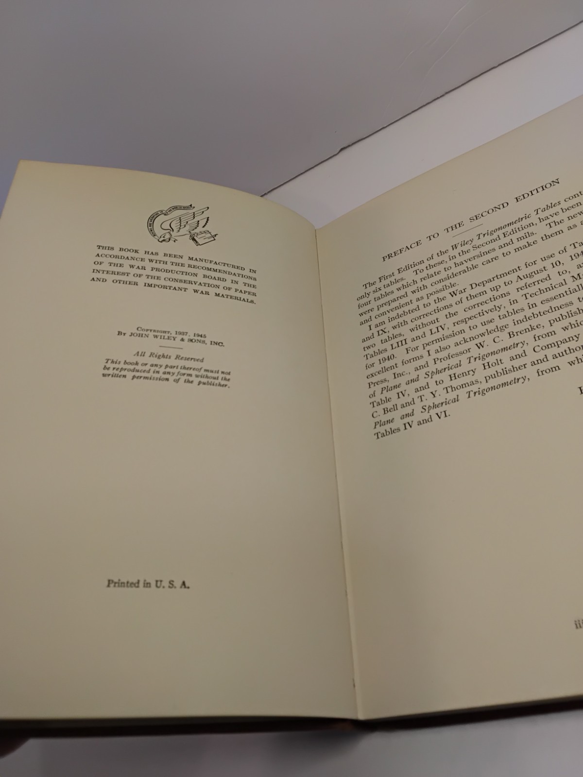 Wiley Trigonometric Tables 2nd Edition WWII Era 1945 Hardcover John Wiley & Sons