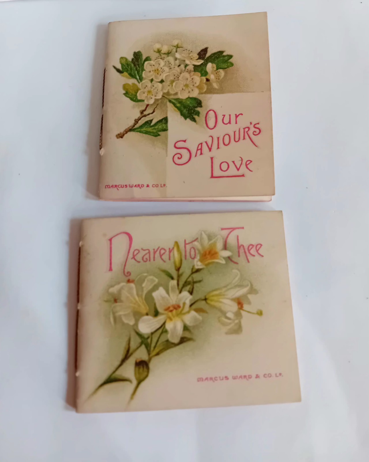 2 x Antique Religious Scripture Minature Gift Booklets Thread Bound 8x7cm Illus