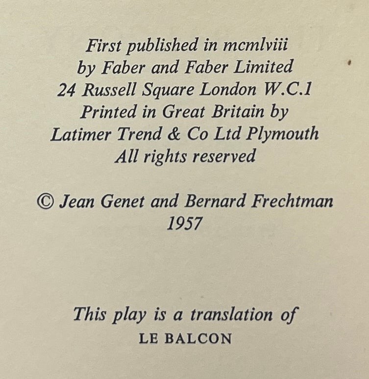 Jean Genet / The Balcony 1st Edition 1958