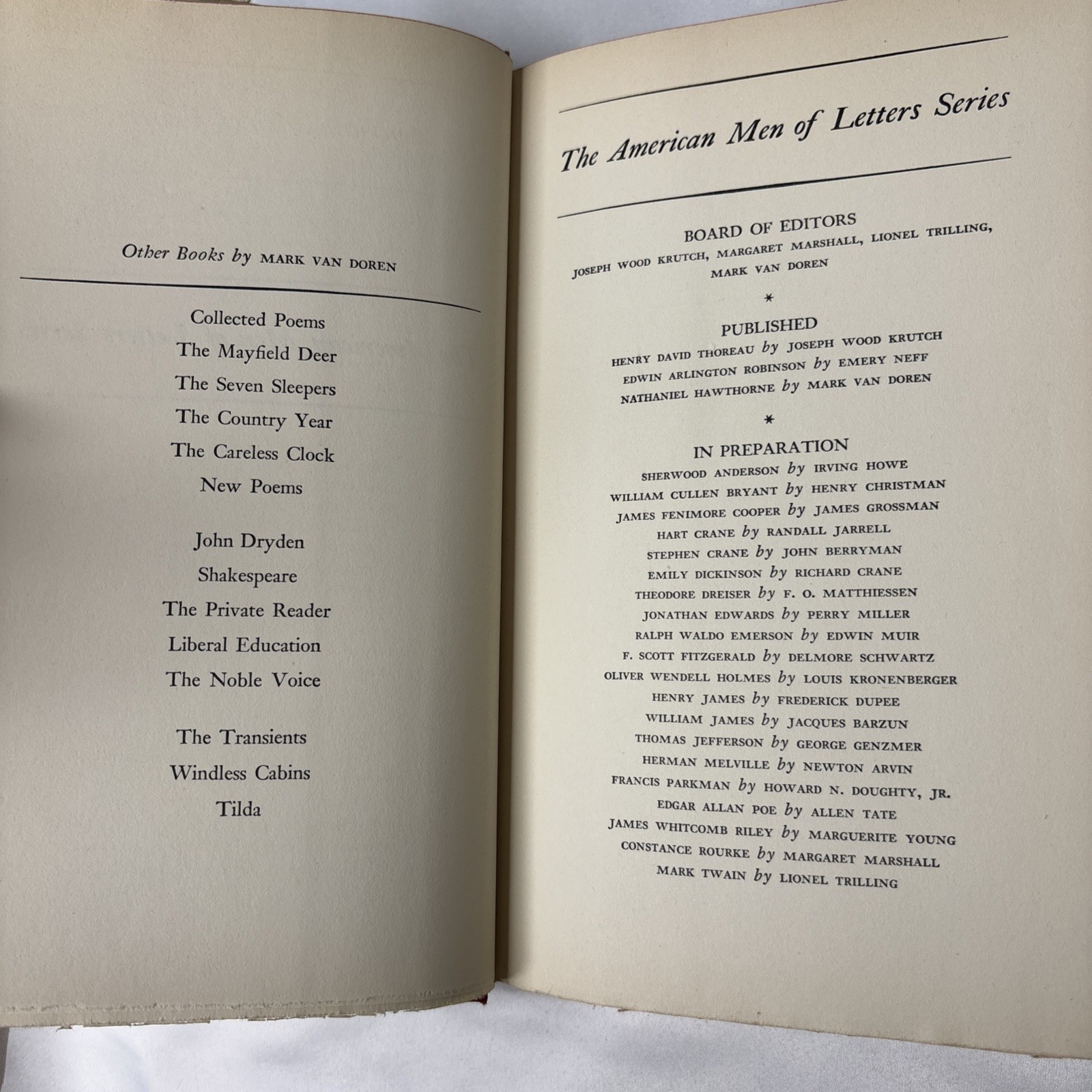 Mark Van Doren / Nathaniel Hawthorne the American Men of Letters Series 1st 1949
