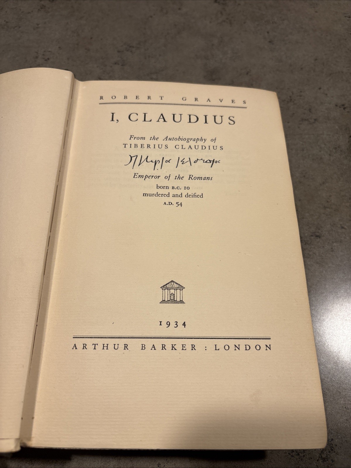 I, Claudius by Robert Graves, First UK Edition, 1934, Barker some paint on book?