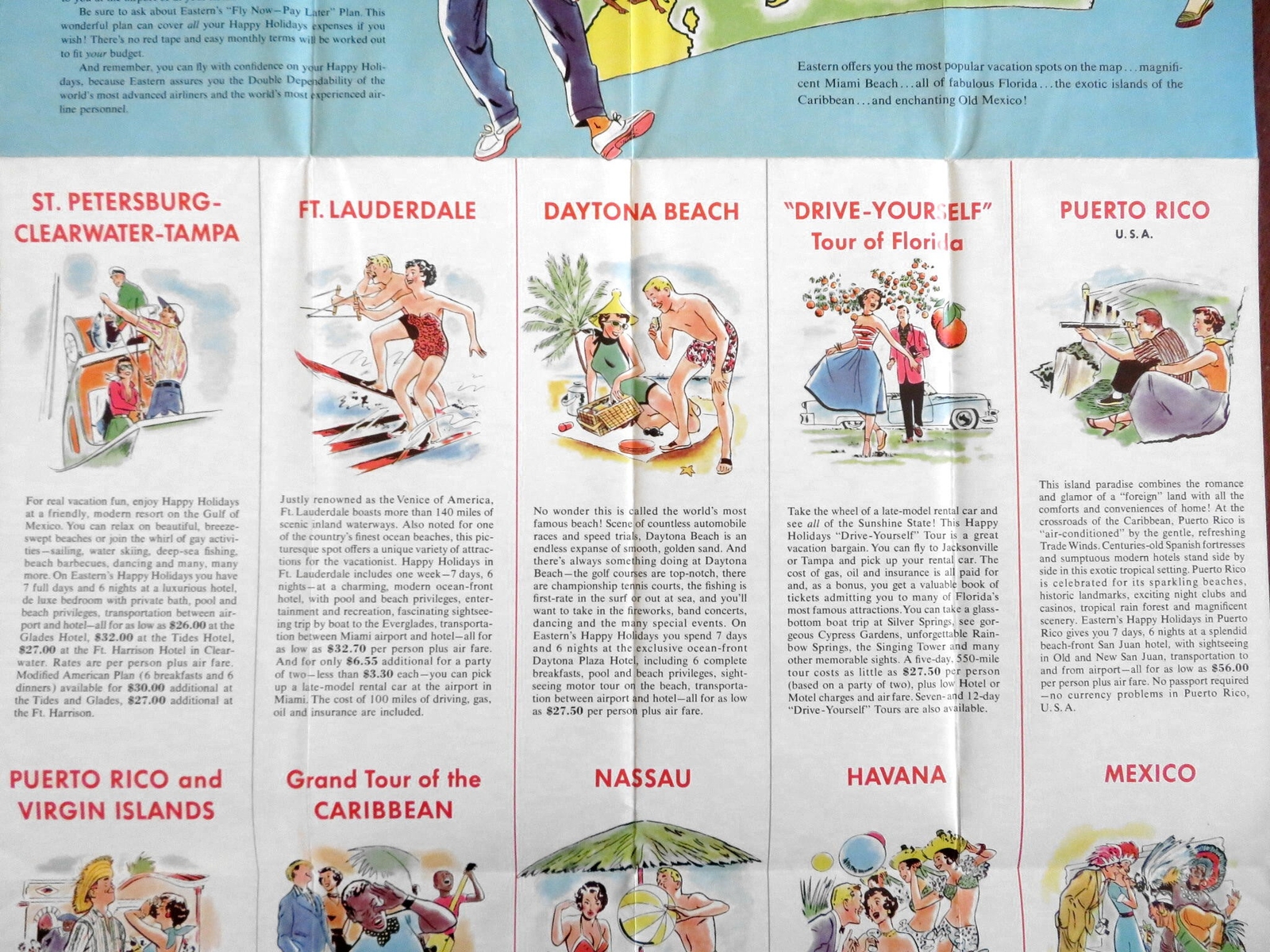 Miami Beach Florida Eastern Air Lines Vacation Packages c. 1950 pictorial map