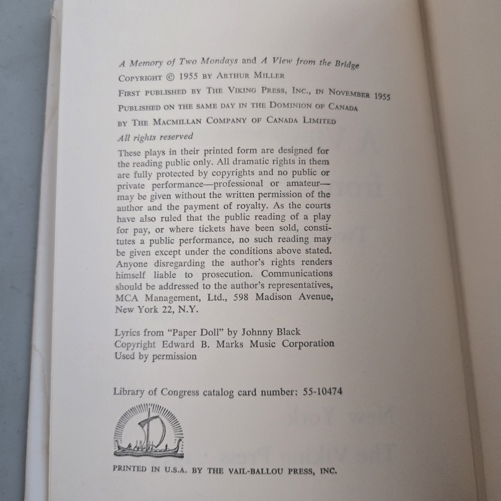 Arthur MILLER / A View From The Bridge Two One-Act Plays 1st Edition 1955 HCDJ