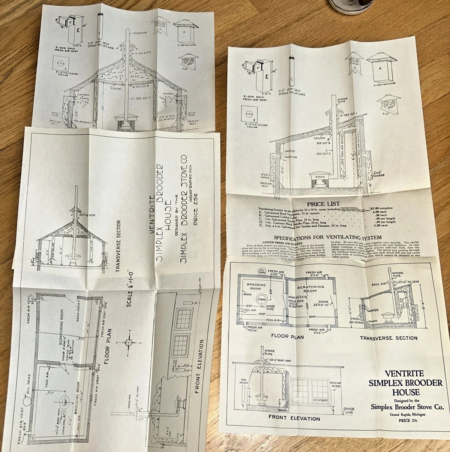 2 1930s SIMPLEX BROODER STOVE CO. Poultry House Diagrams GRAND RAPIDS MI
