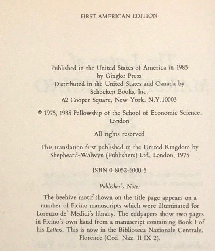 THE LETTERS OF MARSILIO FICINO – KRISTELLER 1st/1st 3 Vol Set 1985, RENAISSANCE