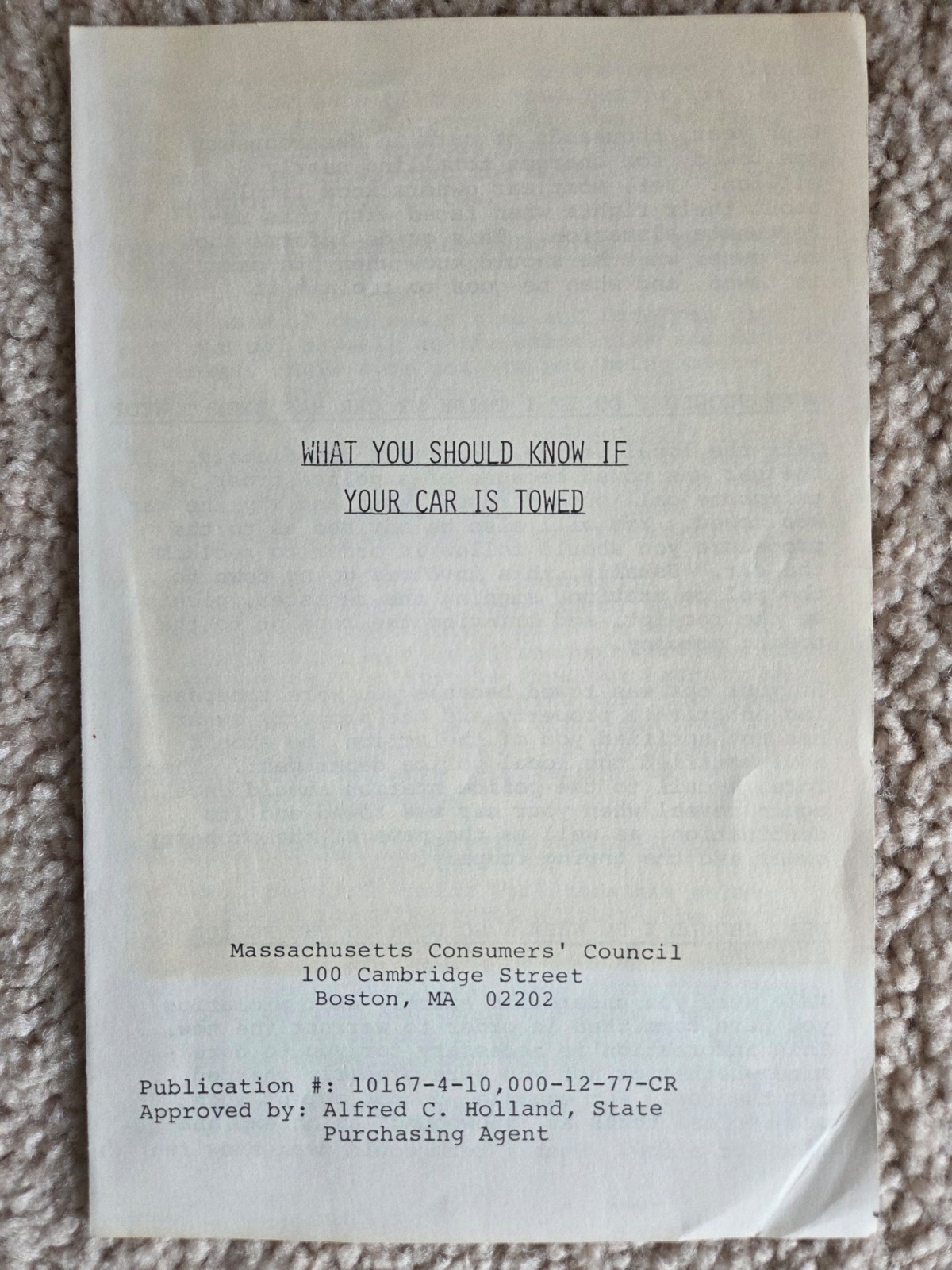 „What You Should Know If Your Car Is Towed“ Cambridge MA booklet