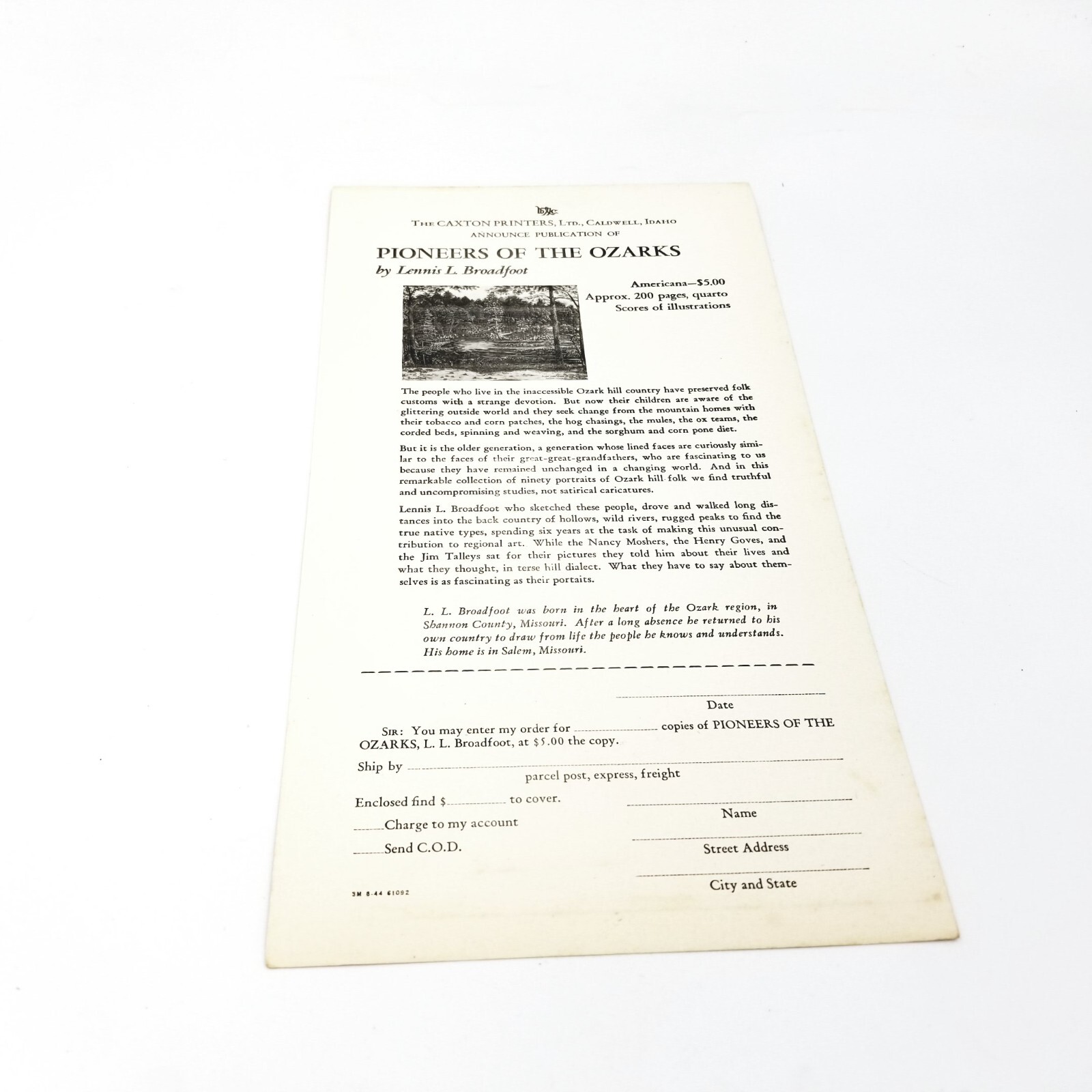 Pioneers of the Ozarks by L.L. Broadfoot – 1945 Edition with Signed Letter