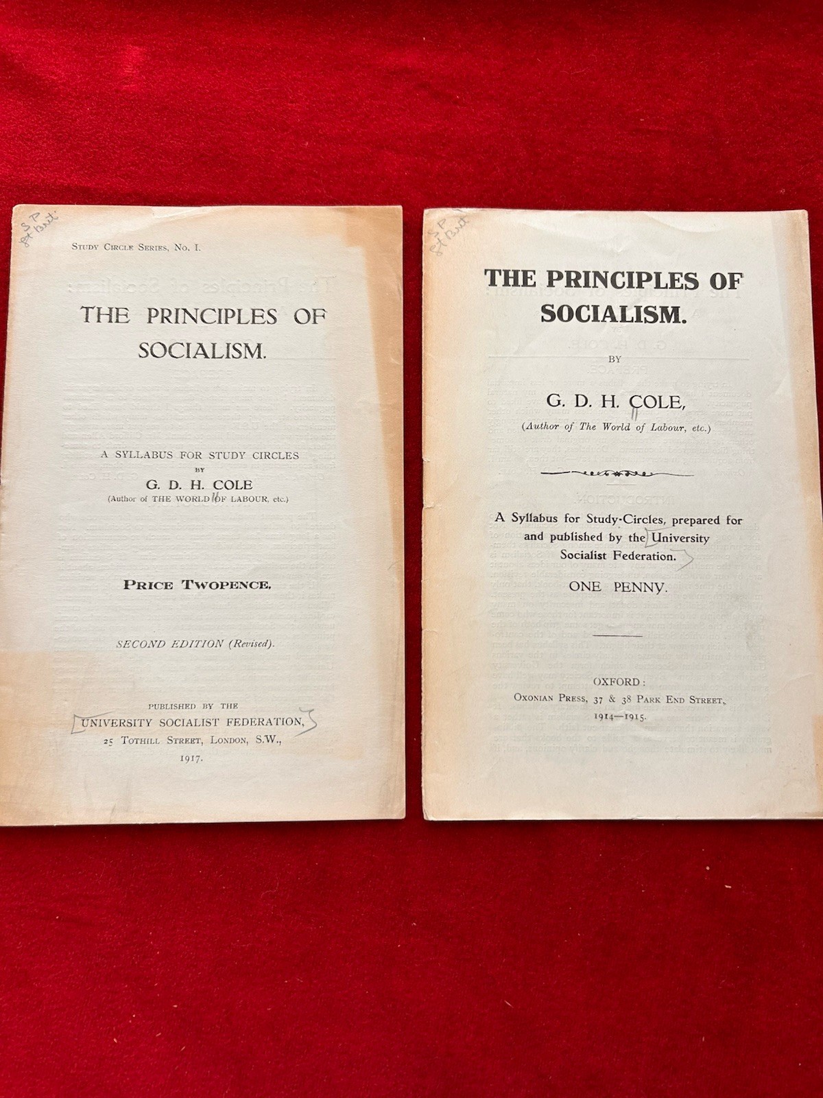 1914 – 1917 2x Pamphlets By G.D.H. Cole The Principles Of Socialism London