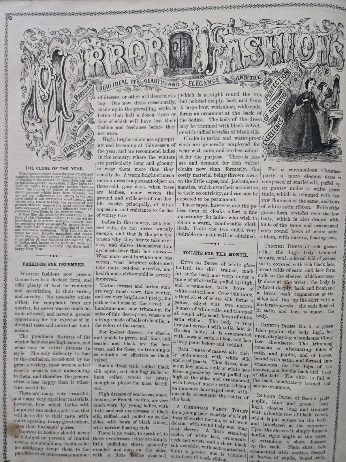 Demorest’s Monthly Magazine Dec 1868 FASHION LITERATURE ART & ADS