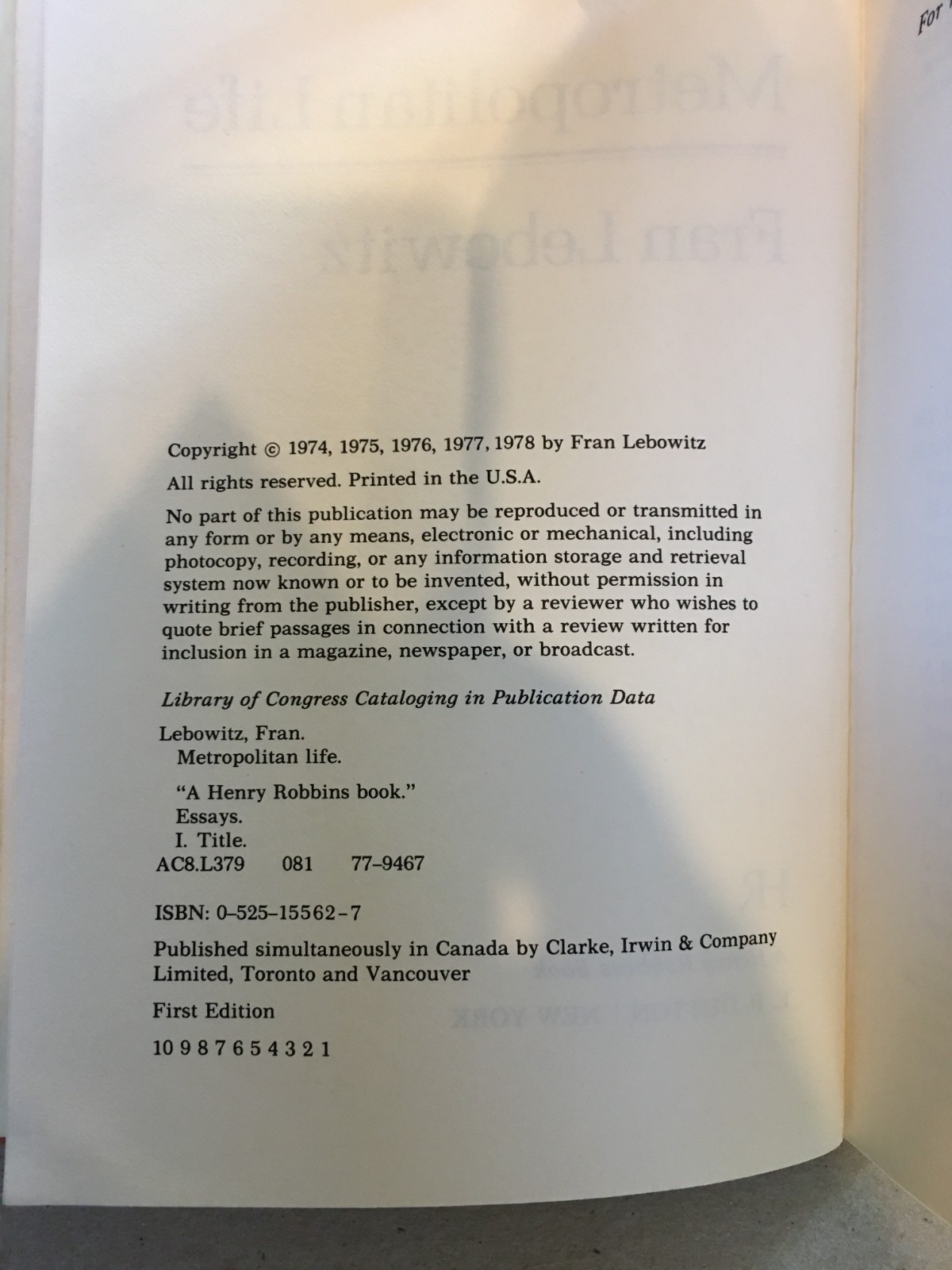 Fran Lebowitz „Metropolitan Life“ SIGNED 1st Edition Hardcover Dutton 1978 RARE!