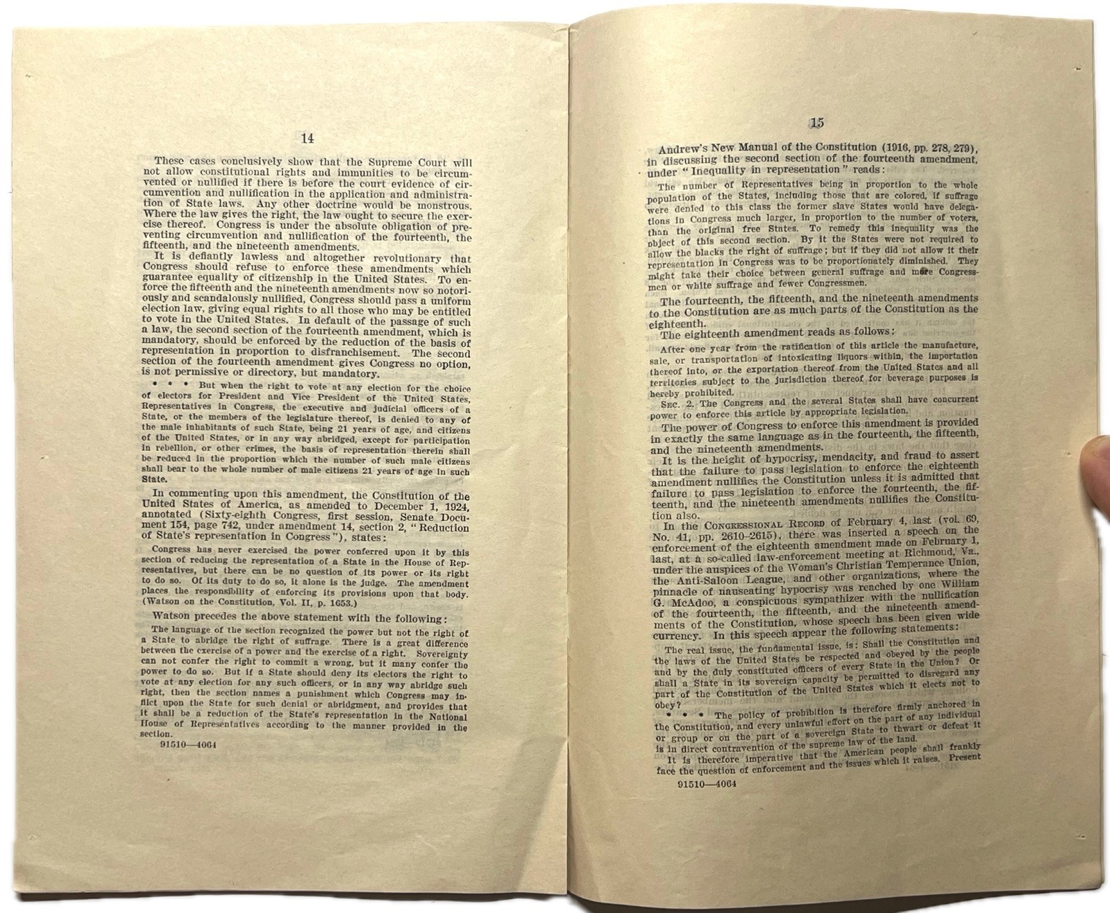 1928 TINKHAM NULLIFICATION FOURTEENTH FIFTEENTH AMENDMENTS SIGNED RIGHTS BOOKLET