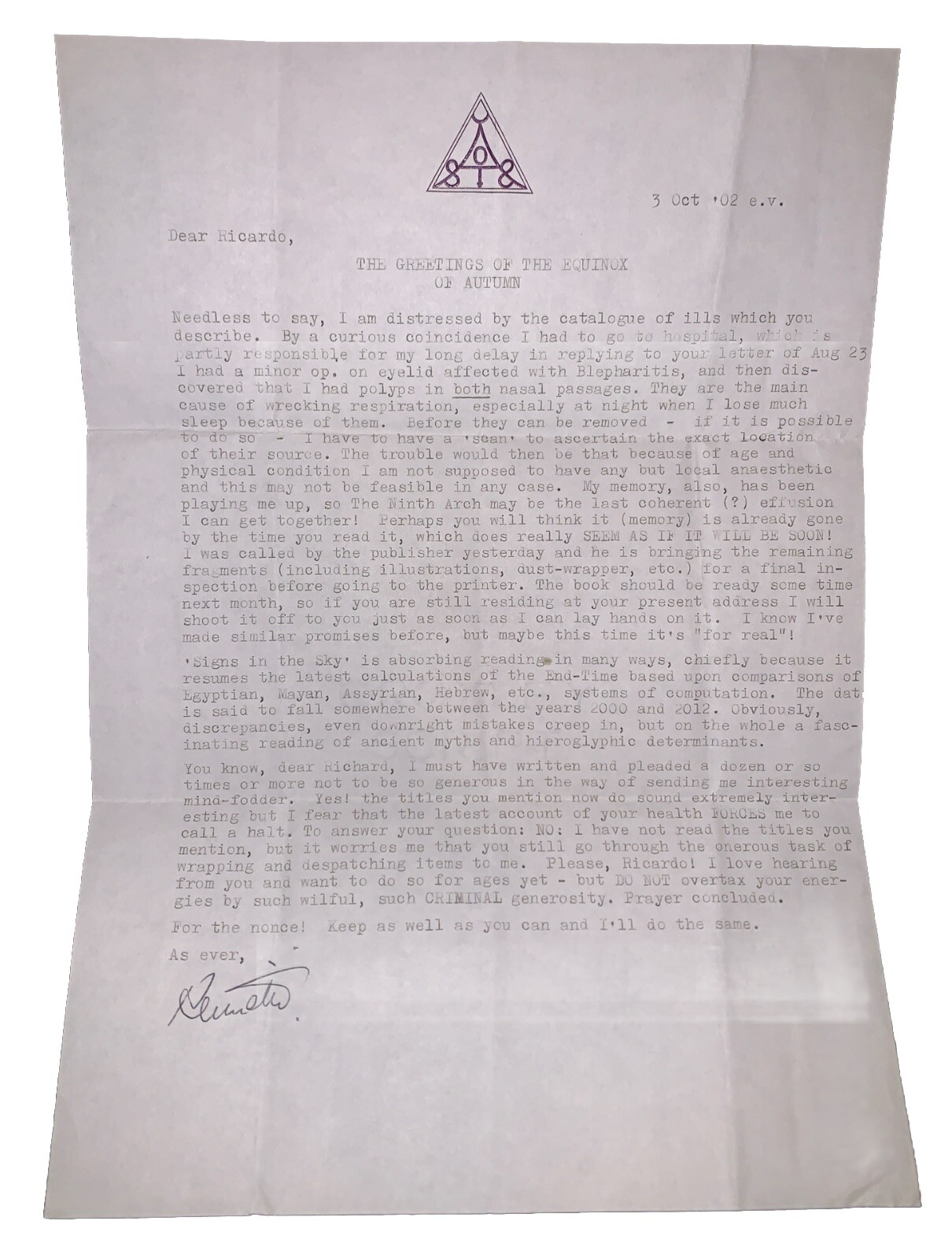 KENNETH GRANT SIGNED LETTER, OCCULT, AOSSIC STATIONERY, GREETINGS OF THE EQUINOX
